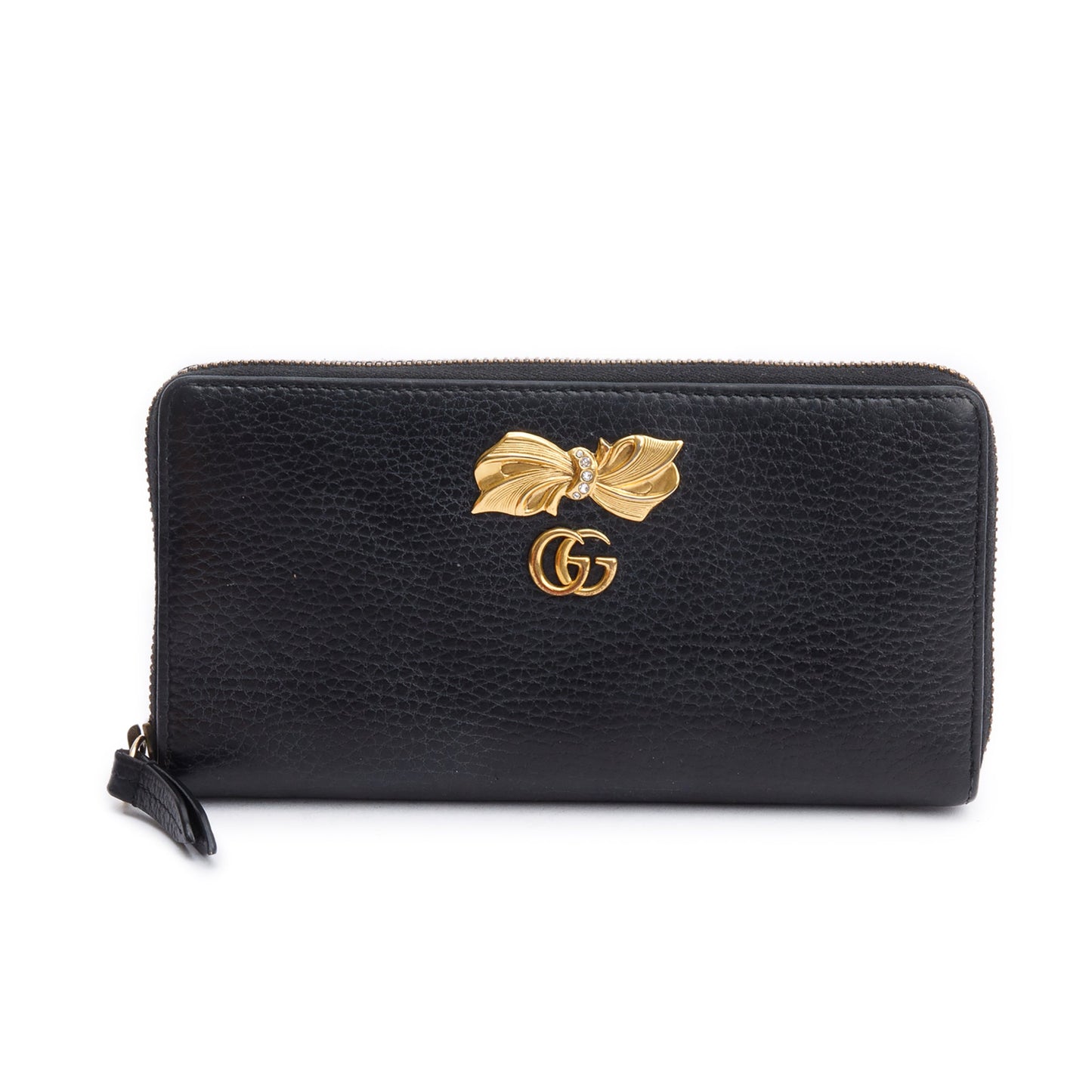 Gucci Black Calfskin Leather GG Marmont Bow Zip Around Wallet