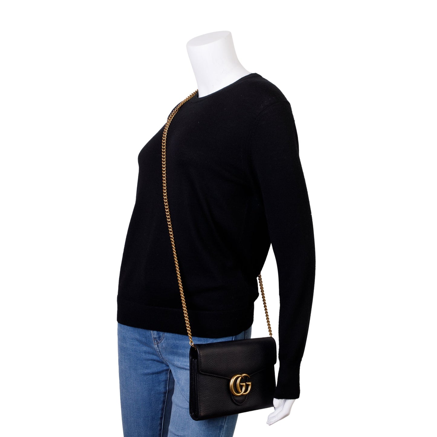 Gucci Black Calfskin Leather GG Marmont Chain Wallet