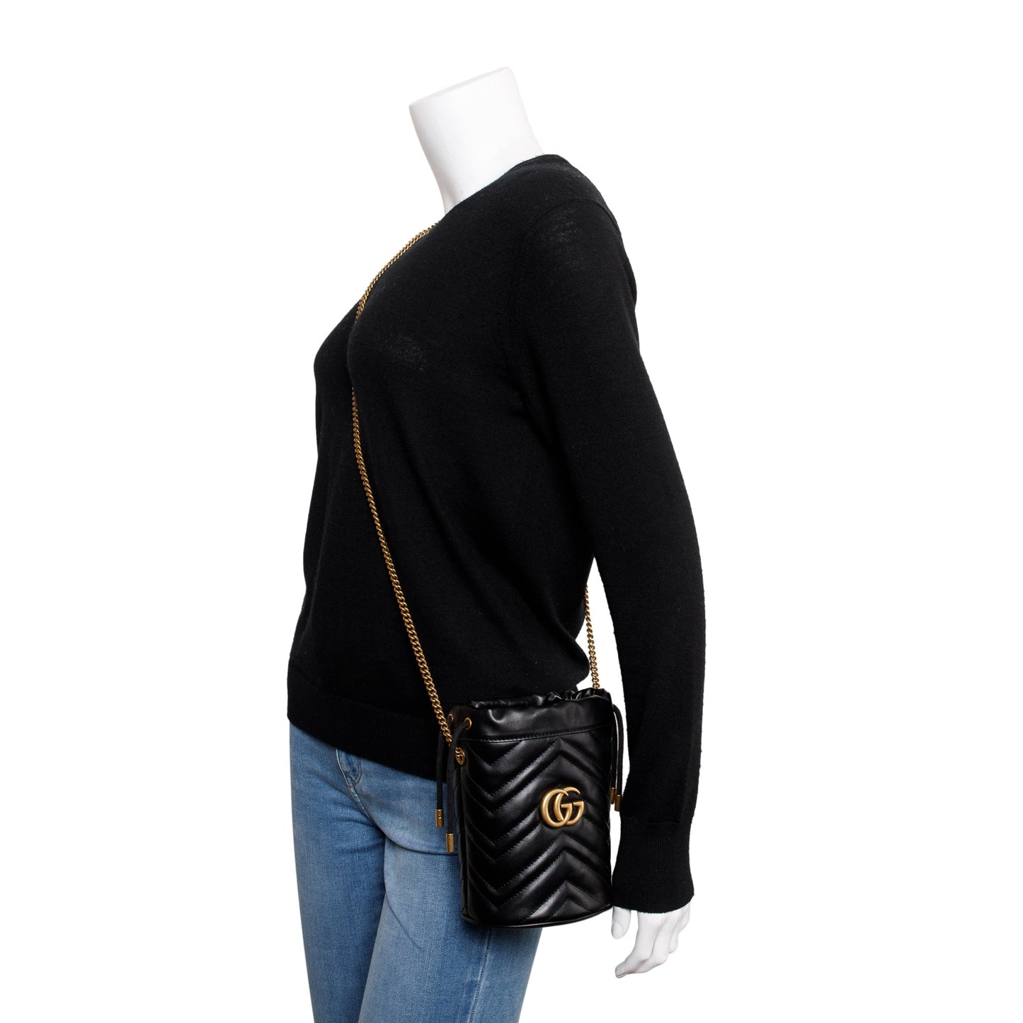 Gucci Black Calfskin Leather GG Marmont Mini Bucket Bag