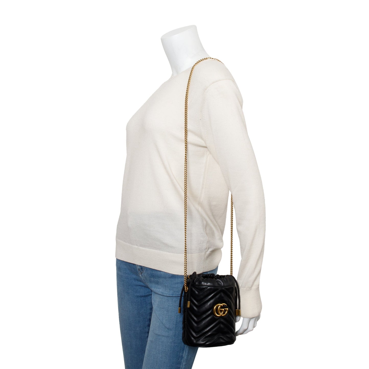 Gucci Black Calfskin Leather GG Marmont Mini Bucket Bag