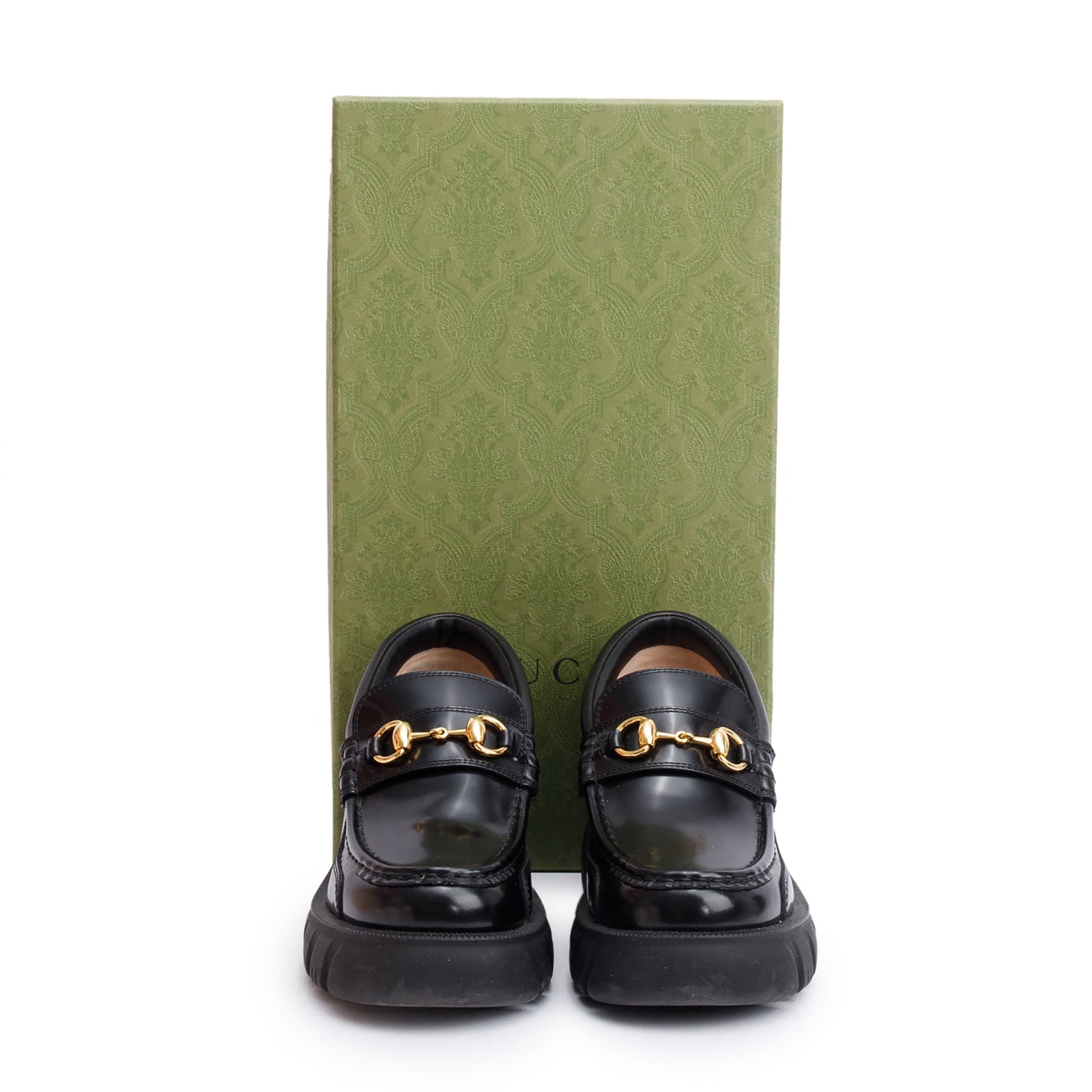 Gucci Black Calfskin Leather Horsebit Accent Lug Sole Loafers, Size 6.5