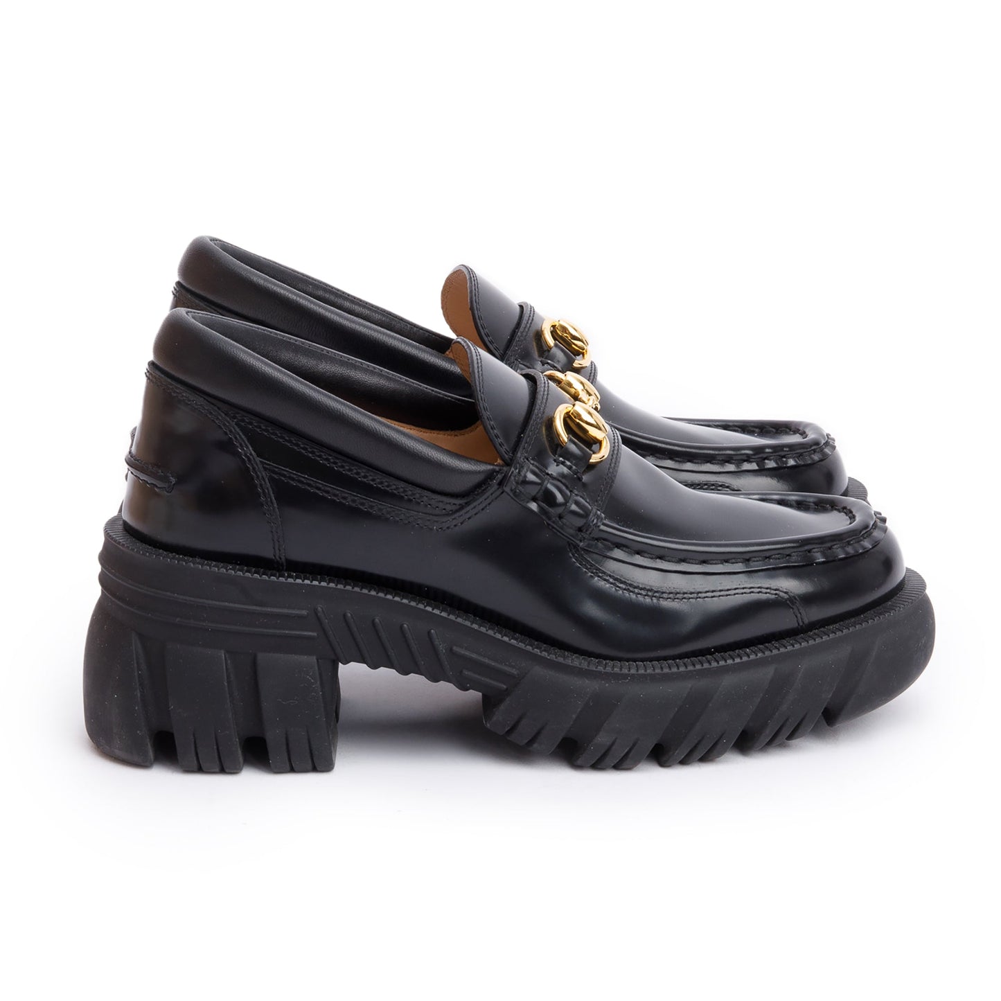 Gucci Black Calfskin Leather Horsebit Accent Lug Sole Loafers, Size 6.5