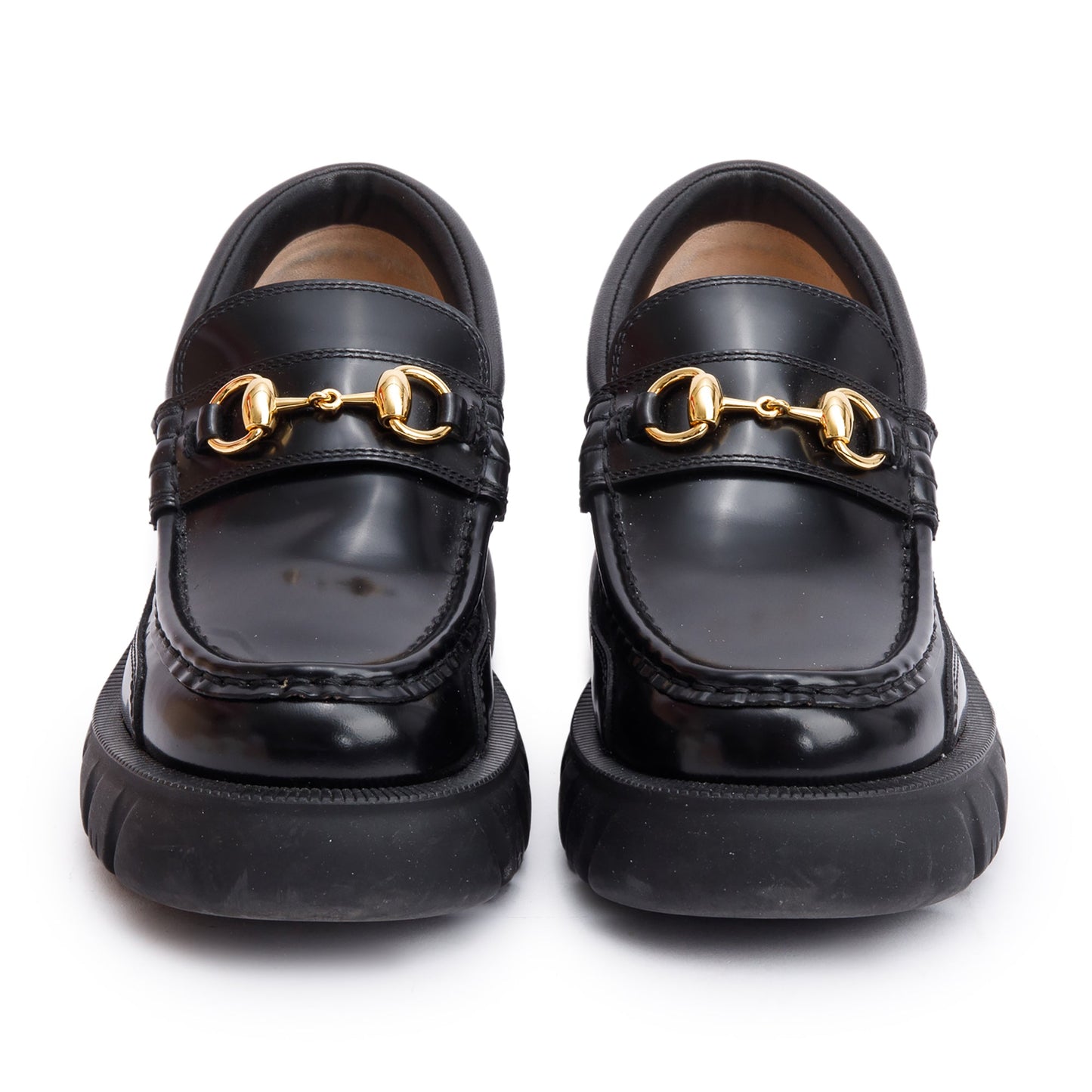 Gucci Black Calfskin Leather Horsebit Accent Lug Sole Loafers, Size 6.5