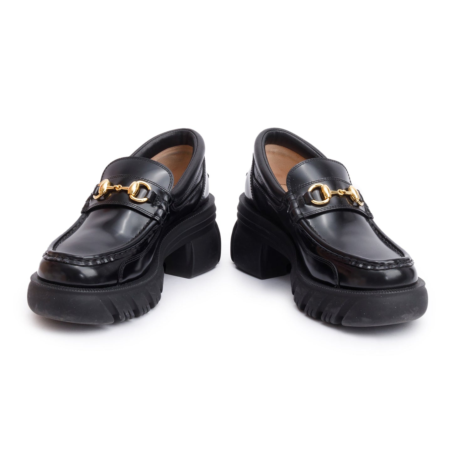 Gucci Black Calfskin Leather Horsebit Accent Lug Sole Loafers, Size 6.5
