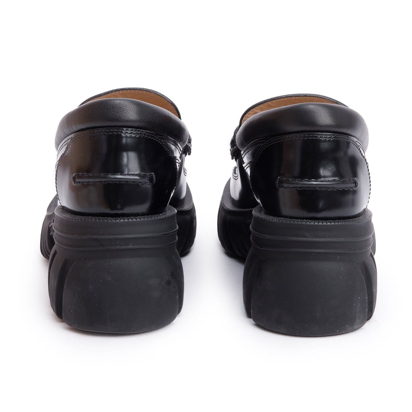Gucci Black Calfskin Leather Horsebit Accent Lug Sole Loafers, Size 6.5