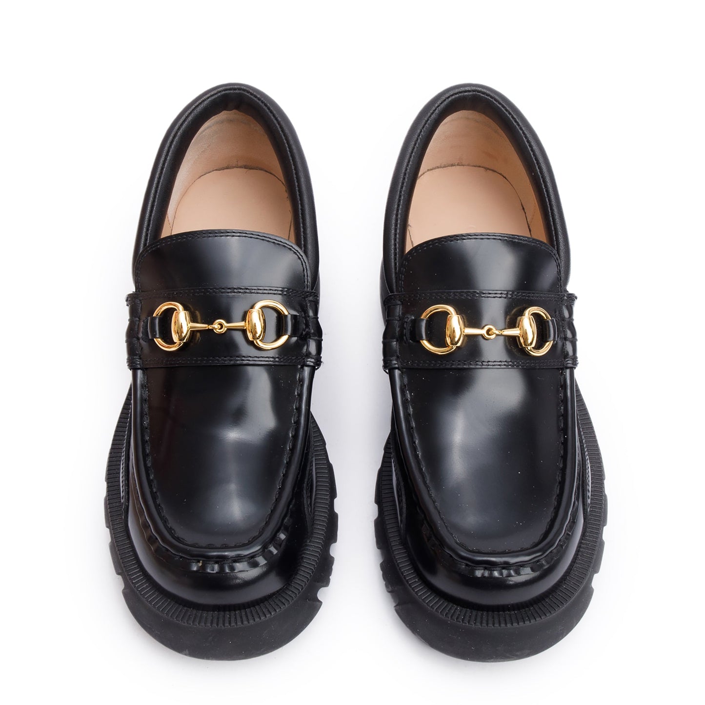 Gucci Black Calfskin Leather Horsebit Accent Lug Sole Loafers, Size 6.5