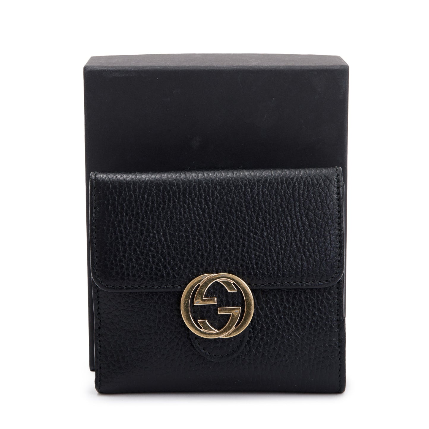Gucci Black Calfskin Leather Interlocking G Logo Dollar French Wallet