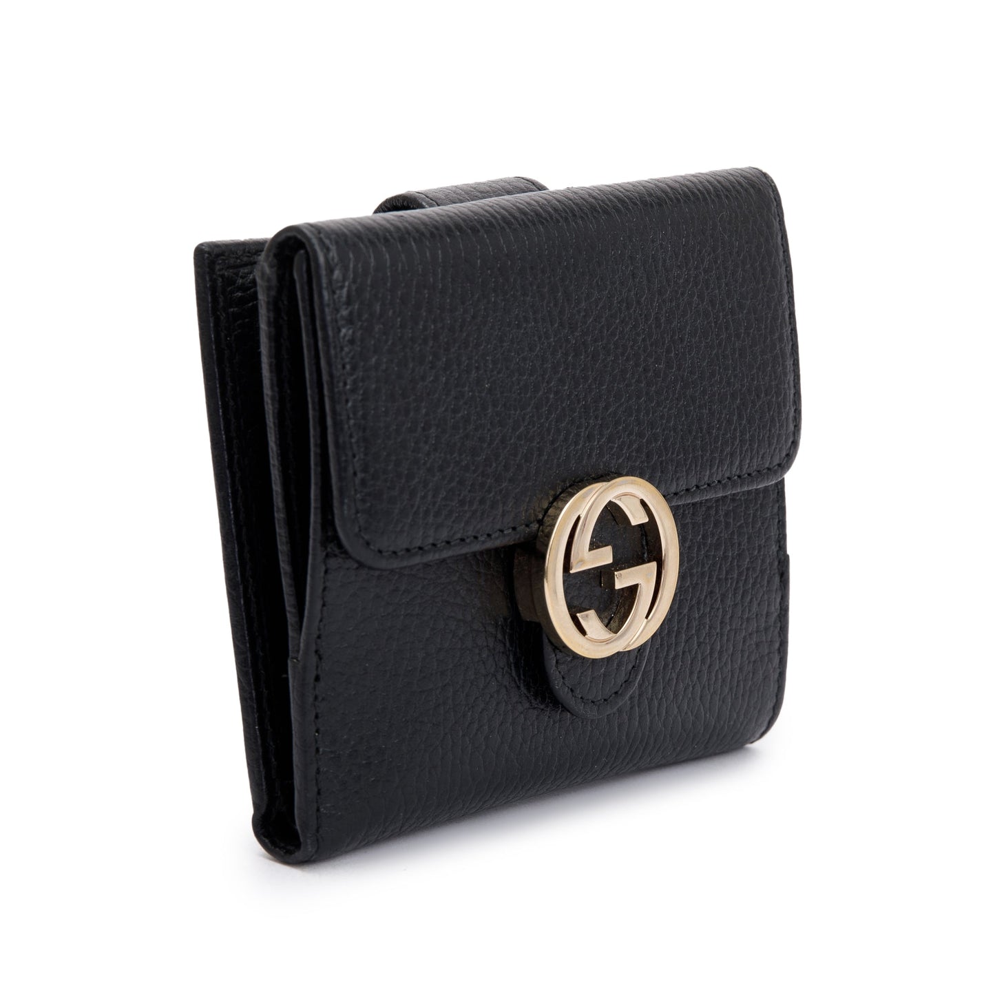 Gucci Black Calfskin Leather Interlocking G Logo Dollar French Wallet