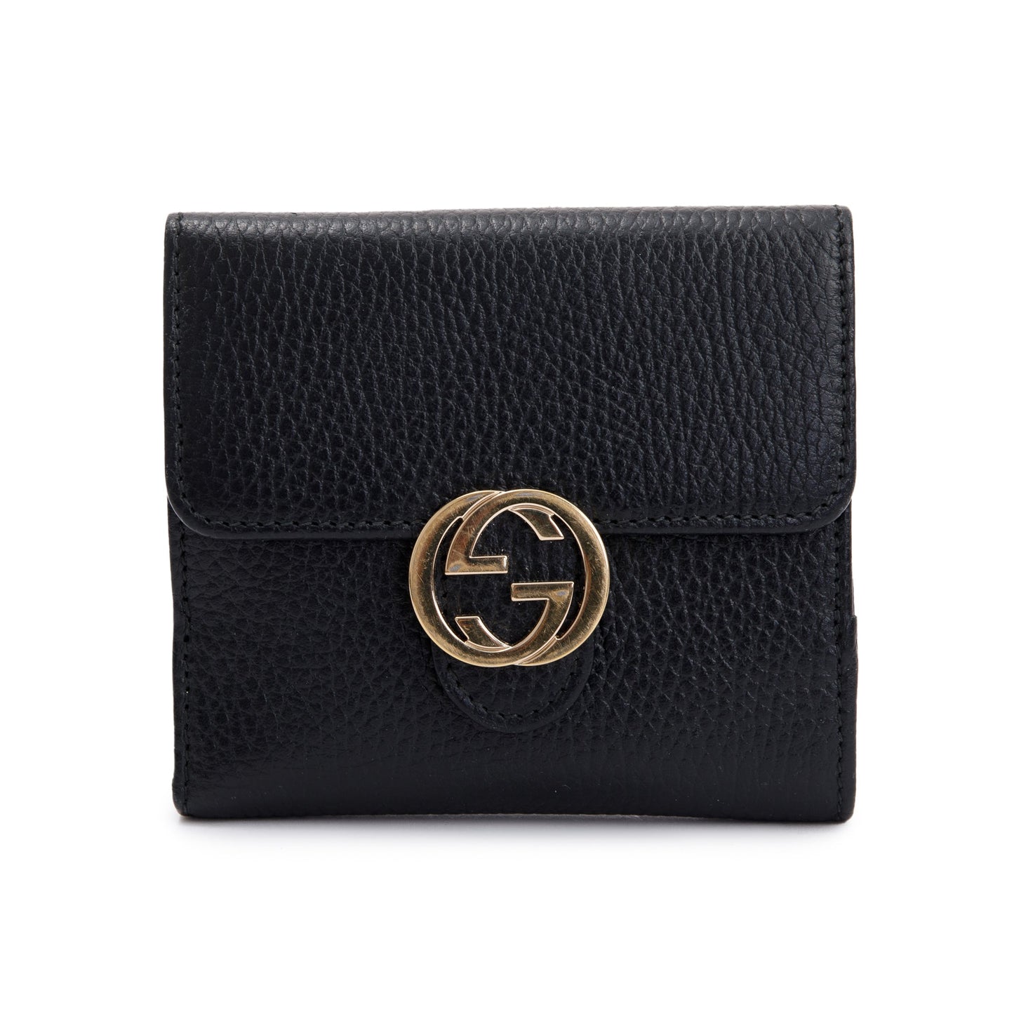 Gucci Black Calfskin Leather Interlocking G Logo Dollar French Wallet