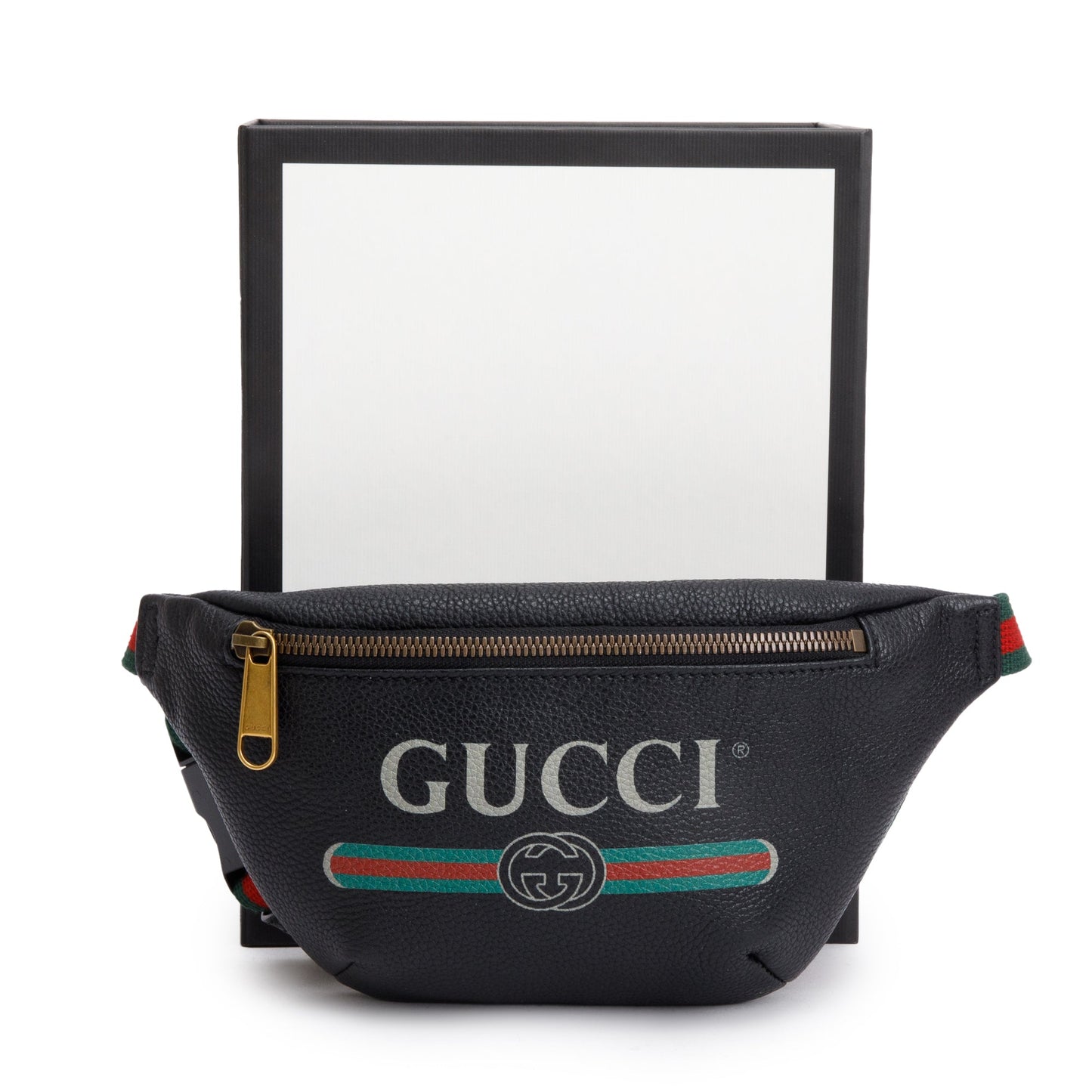 Gucci Black Calfskin Leather Logo Print Small Belt Bag