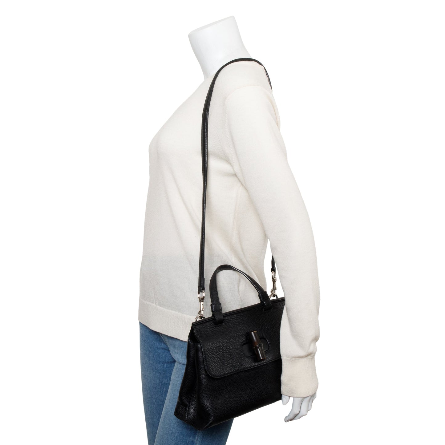 Gucci Black Calfskin Leather Small Bamboo Daily Top Handle Bag