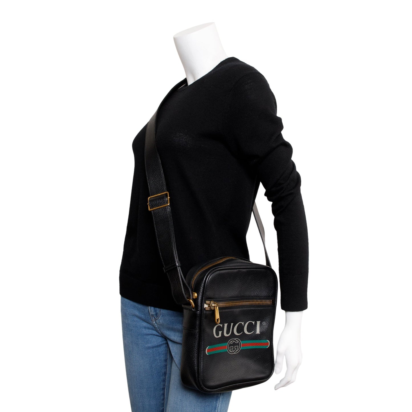 Gucci Black Calfskin Leather Web Logo Messenger Bag