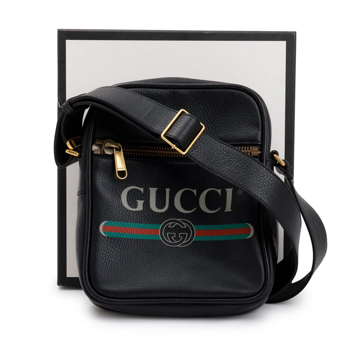 Gucci Black Calfskin Leather Web Logo Messenger Bag