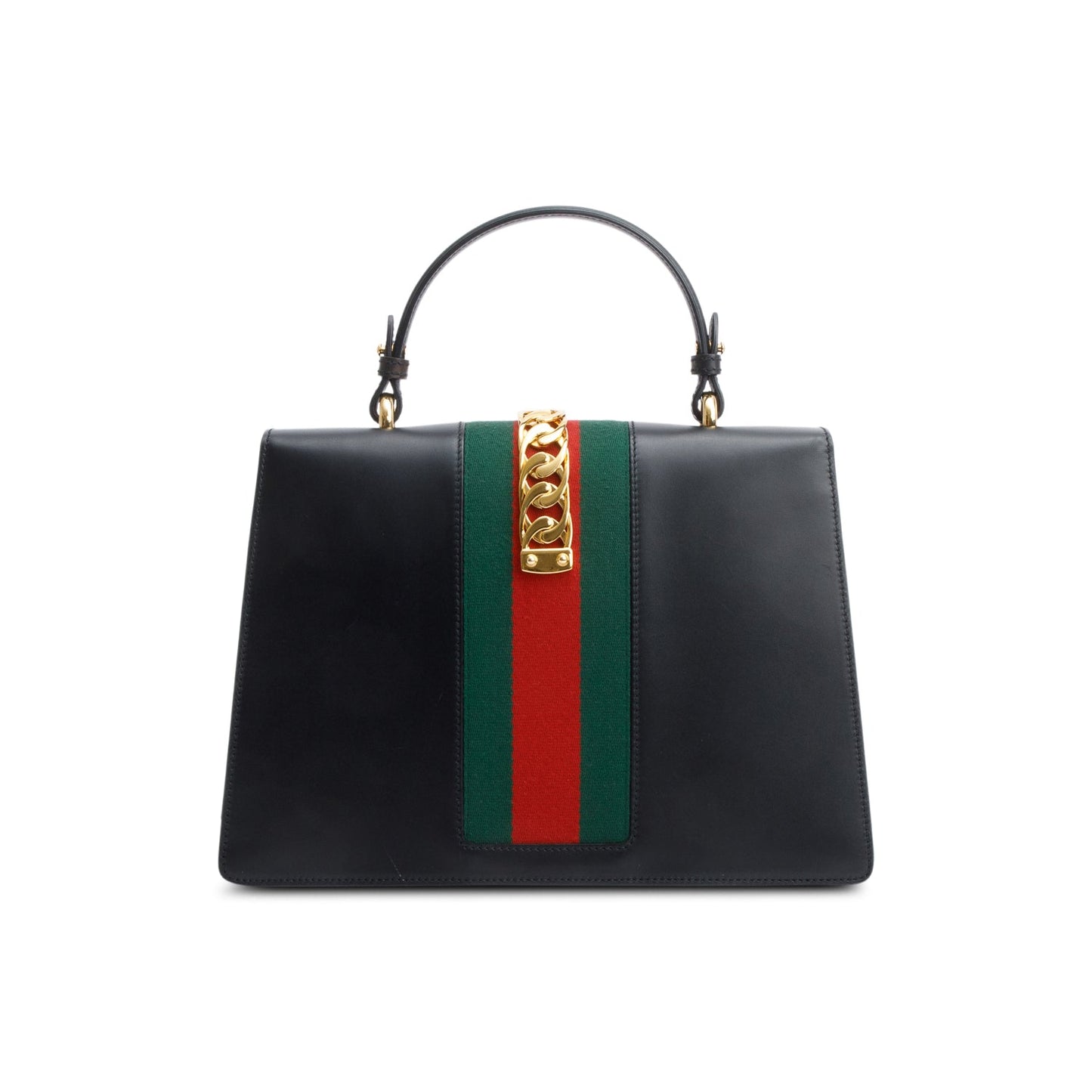 Gucci Black Calfskin Leather Web Medium Sylvie Handle Bag
