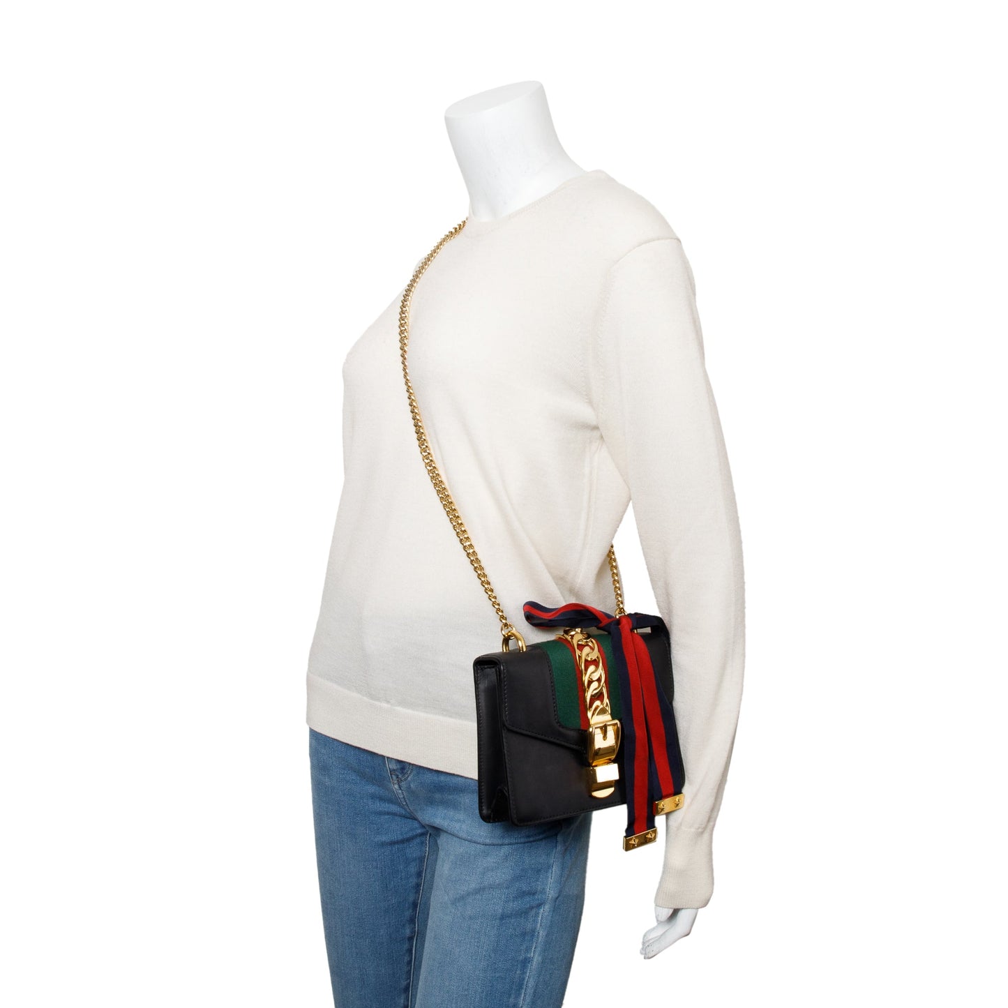 Gucci Black Calfskin Leather Web Mini Sylvie Chain Shoulder Bag