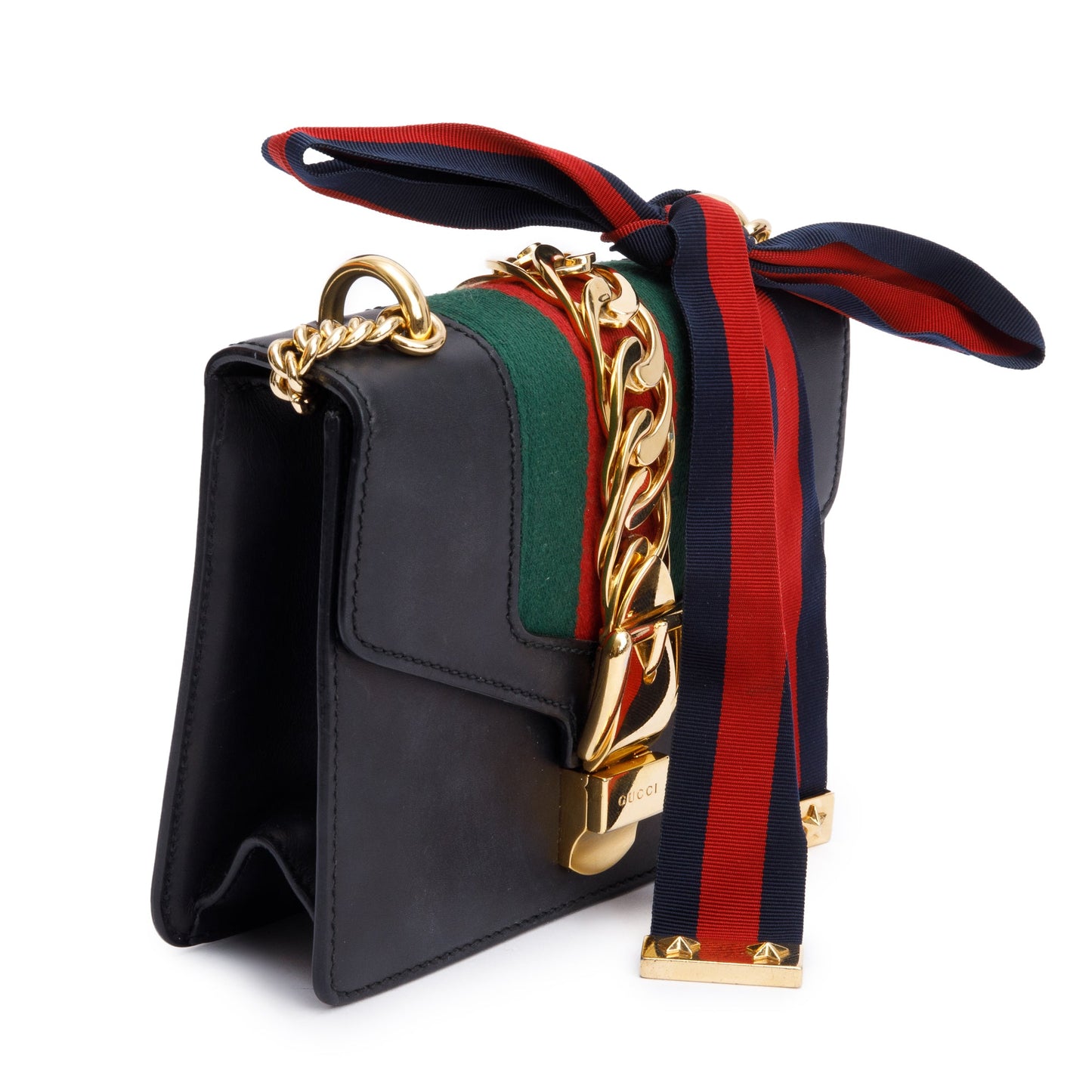 Gucci Black Calfskin Leather Web Mini Sylvie Chain Shoulder Bag