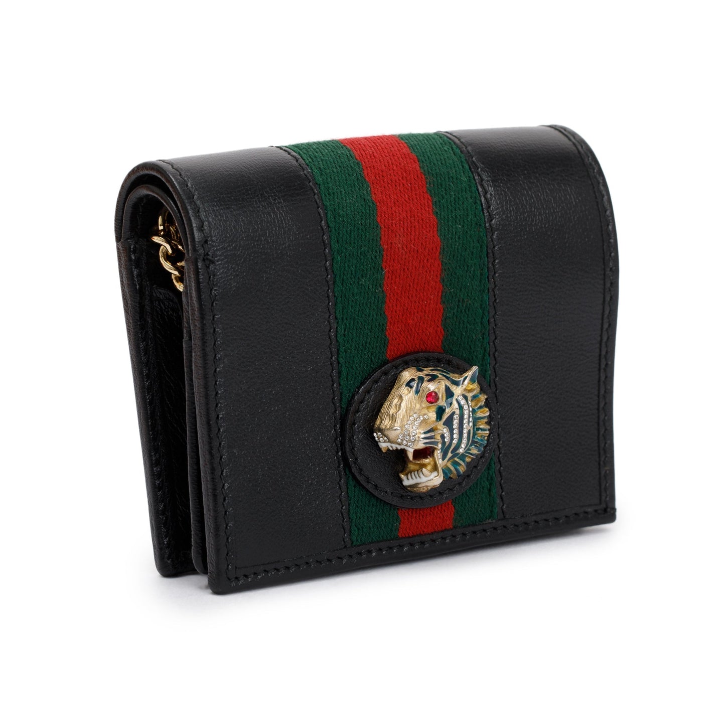 Gucci Black Calfskin Leather Web Rajah Chain Card Case Wallet