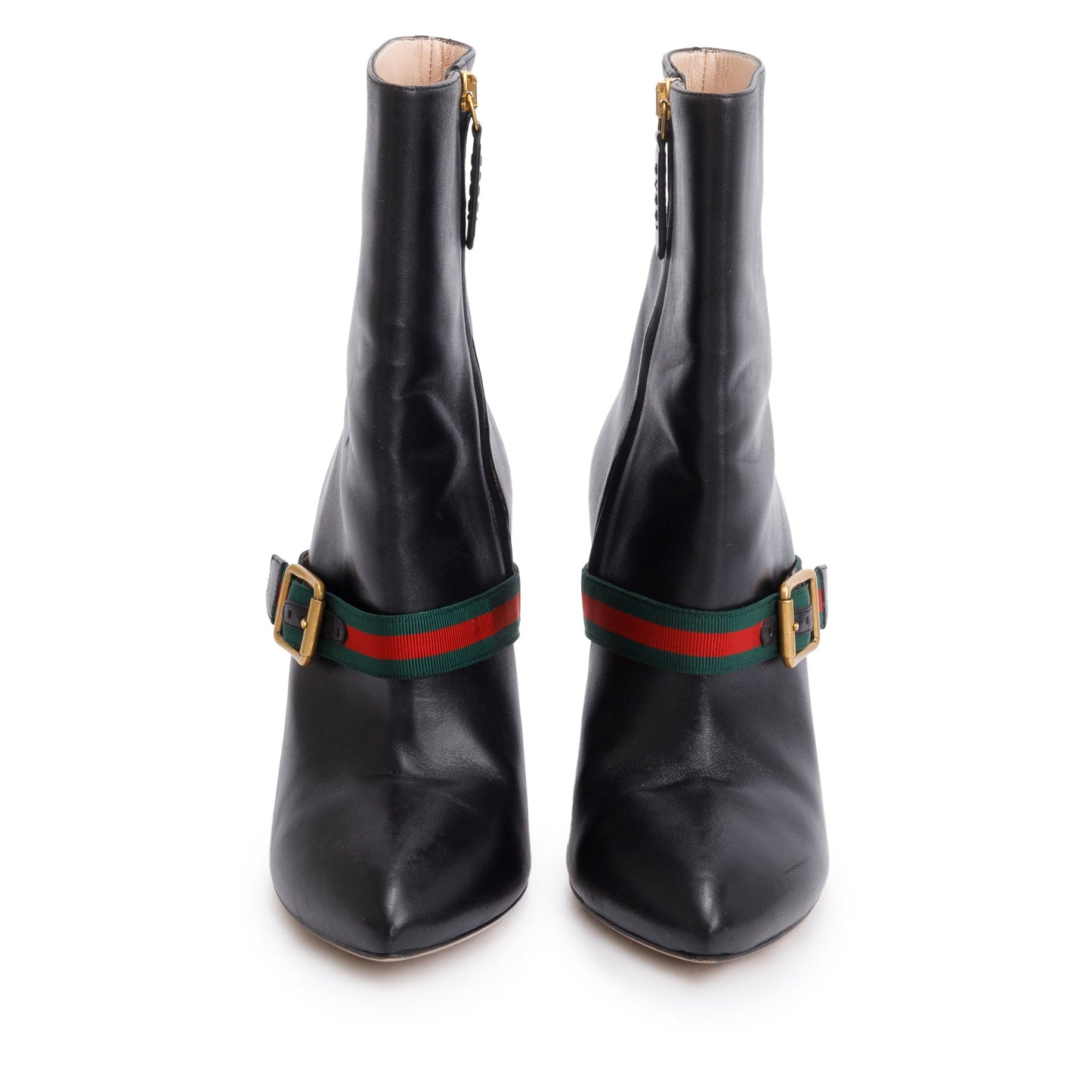 Gucci Black Calfskin Leather Web Sylvie Ankle Boots, Size 38