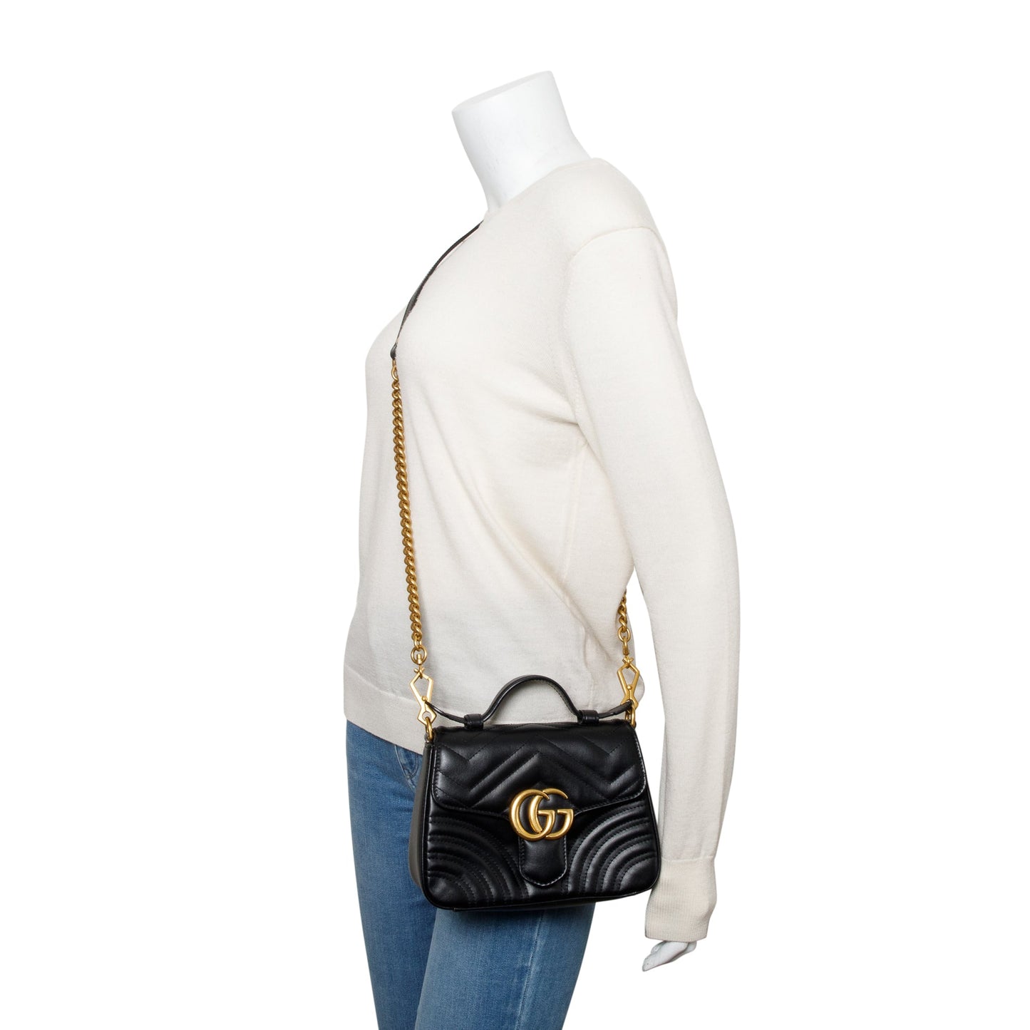 Gucci Black Calfskin Matelasse GG Marmont Mini Top Handle Shoulder Bag