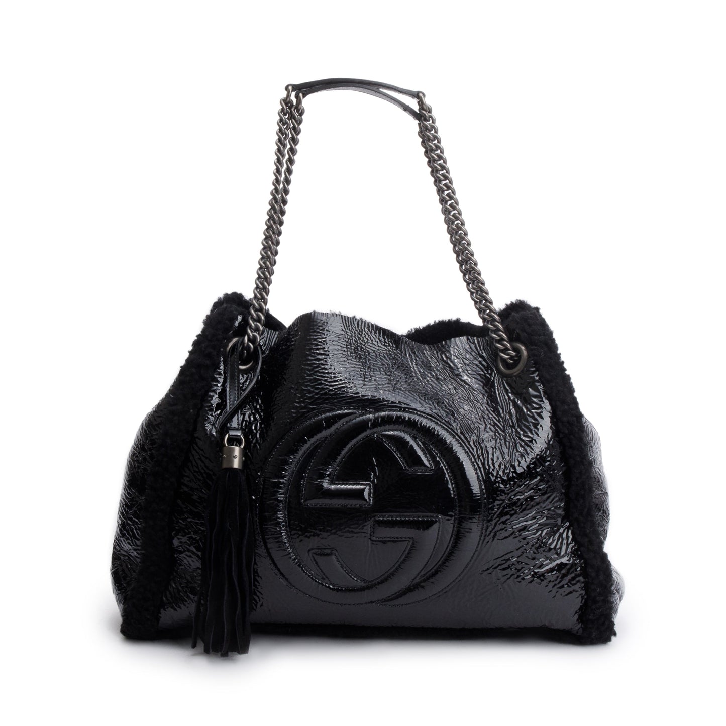 Gucci Black Crushed Patent Leather  Shearling Trim Medium Soho Chain Tote