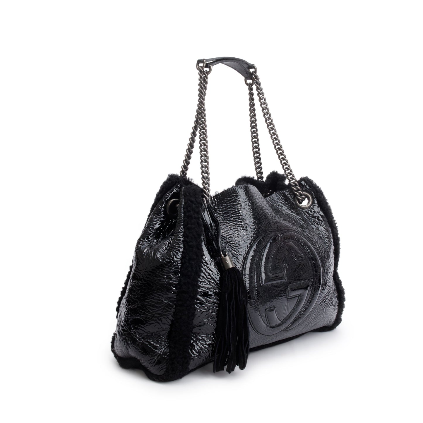 Gucci Black Crushed Patent Leather  Shearling Trim Medium Soho Chain Tote