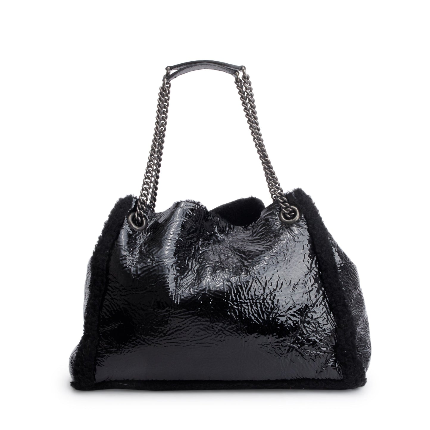 Gucci Black Crushed Patent Leather  Shearling Trim Medium Soho Chain Tote