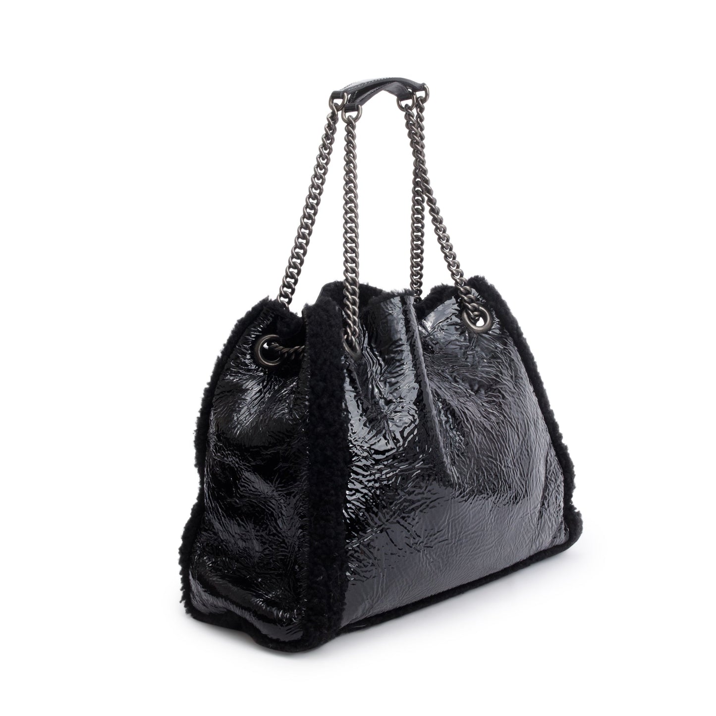 Gucci Black Crushed Patent Leather  Shearling Trim Medium Soho Chain Tote