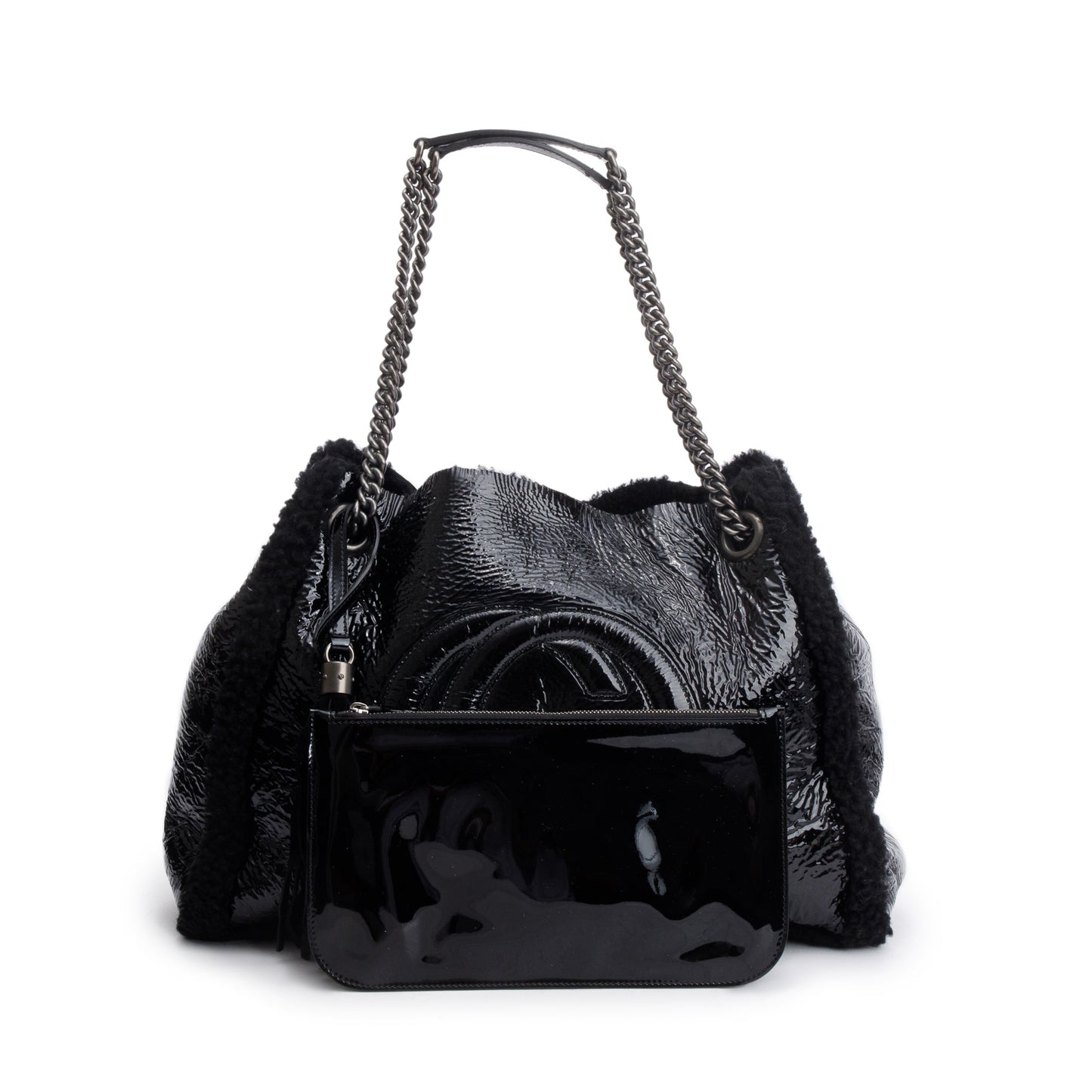 Gucci Black Crushed Patent Leather  Shearling Trim Medium Soho Chain Tote