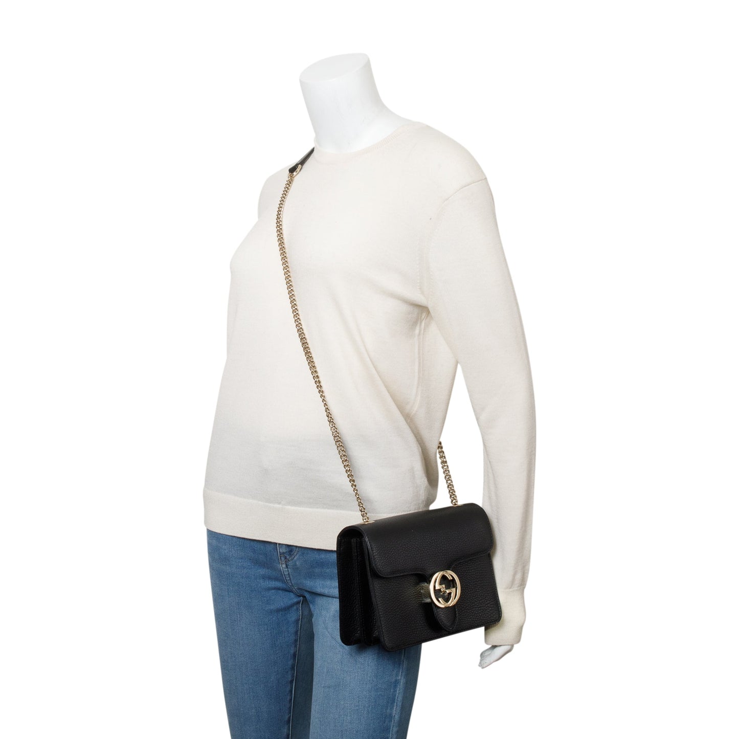 Gucci Black Dollar Calfskin Leather Interlocking GG Small Chain Shoulder Bag