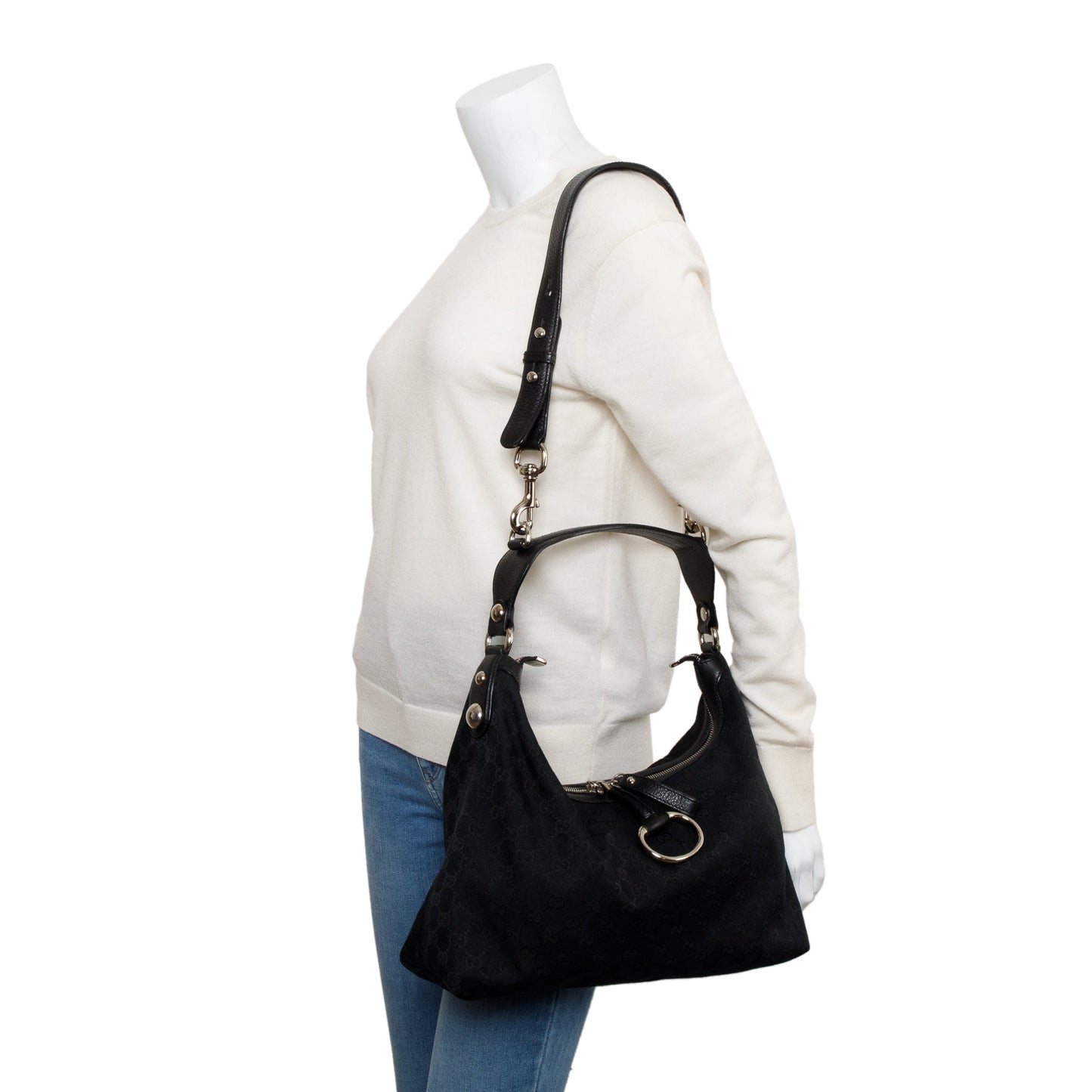Gucci Black GG Canvas  Leather Trim Medium Icon Bit Hobo