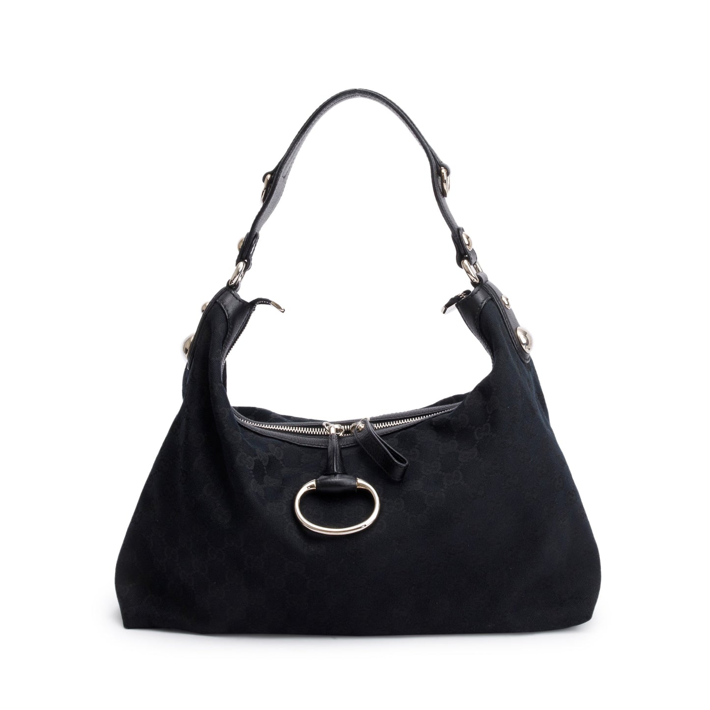 Gucci Black GG Canvas  Leather Trim Medium Icon Bit Hobo