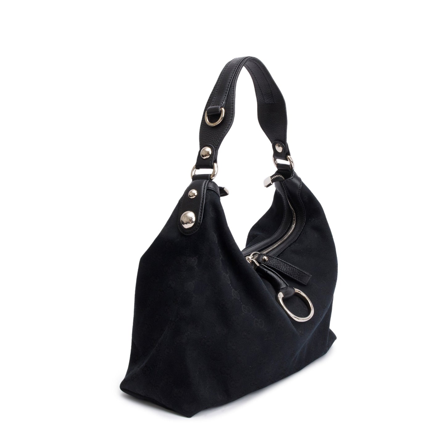 Gucci Black GG Canvas  Leather Trim Medium Icon Bit Hobo