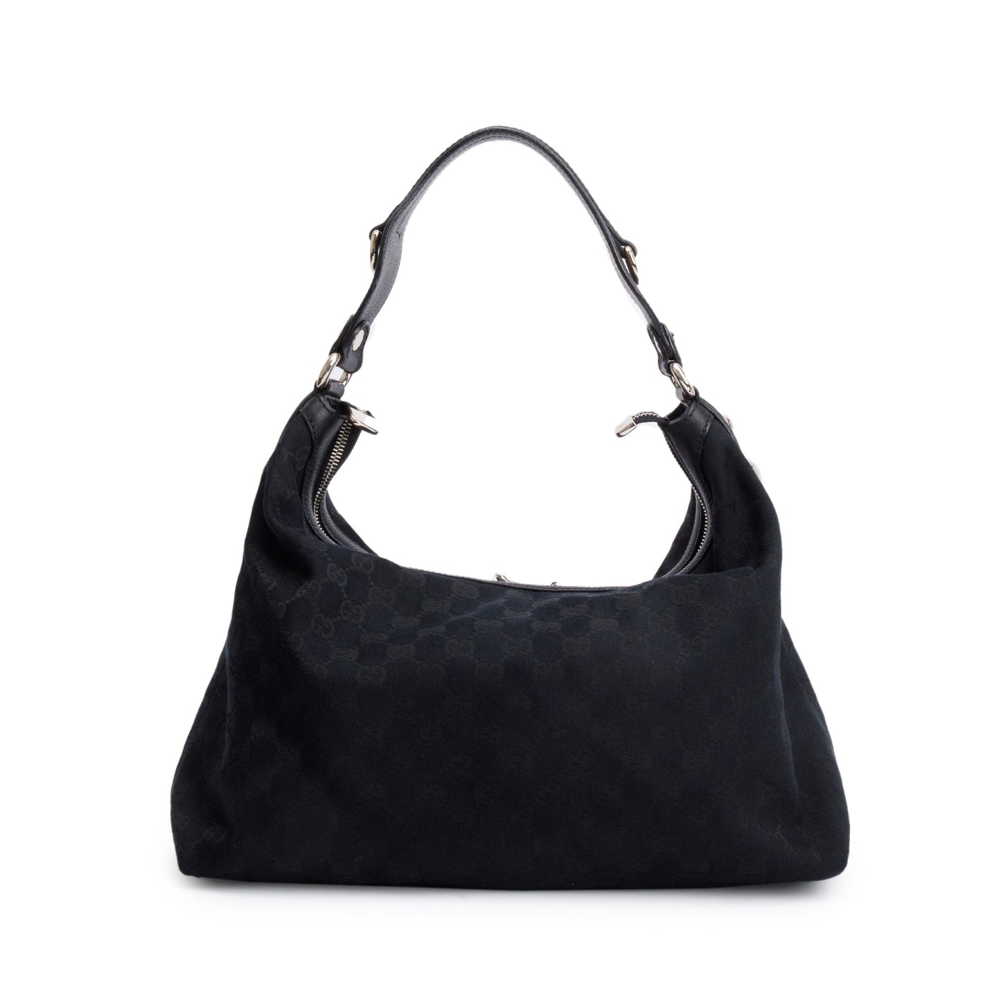 Gucci Black GG Canvas  Leather Trim Medium Icon Bit Hobo