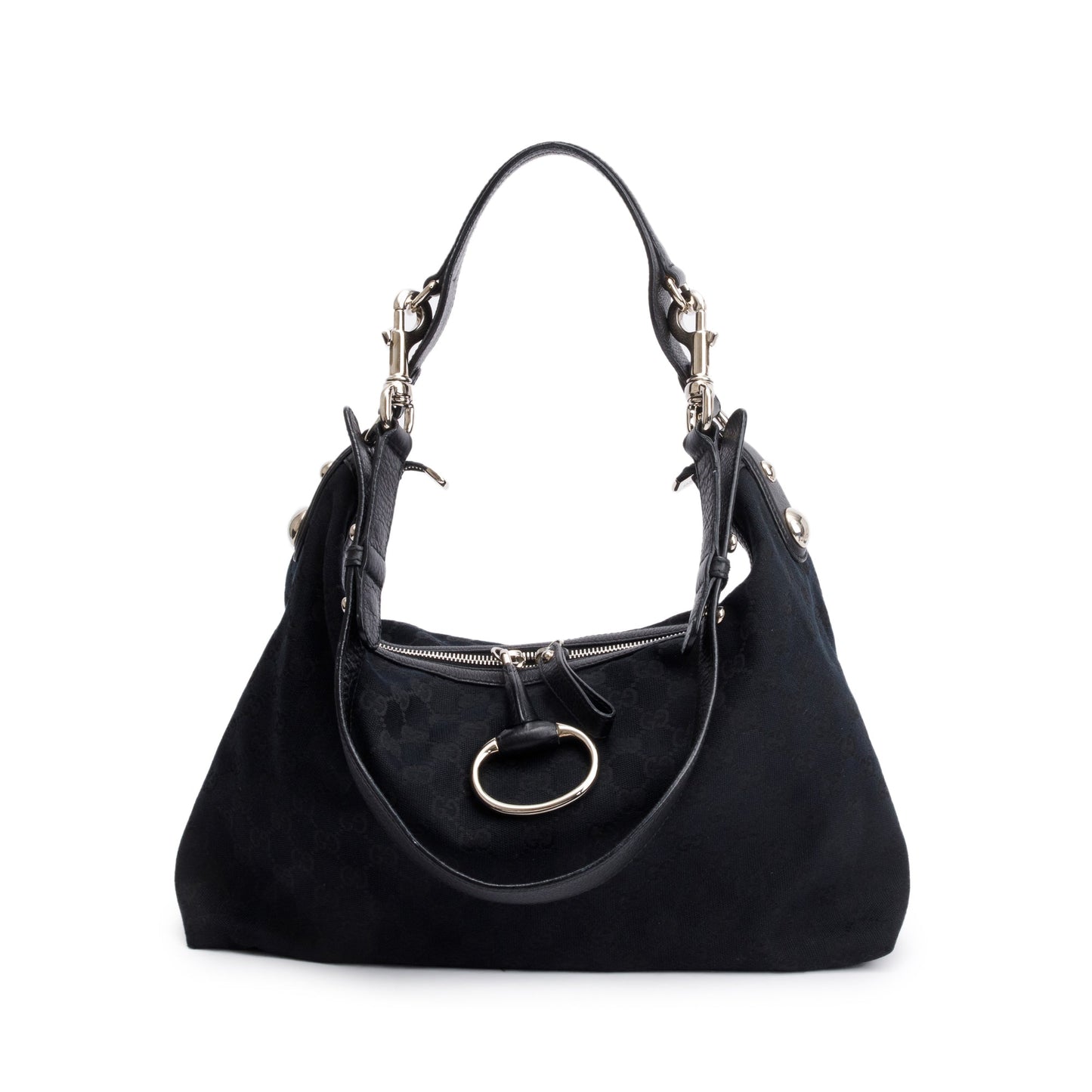 Gucci Black GG Canvas  Leather Trim Medium Icon Bit Hobo