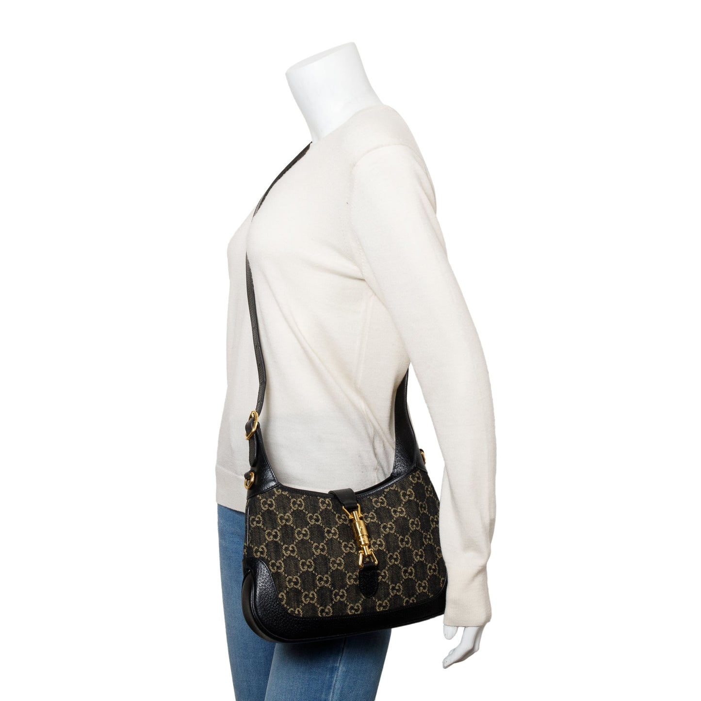 Gucci Black GG Denim Leather Trim Jackie 1961 Mini Shoulder Bag
