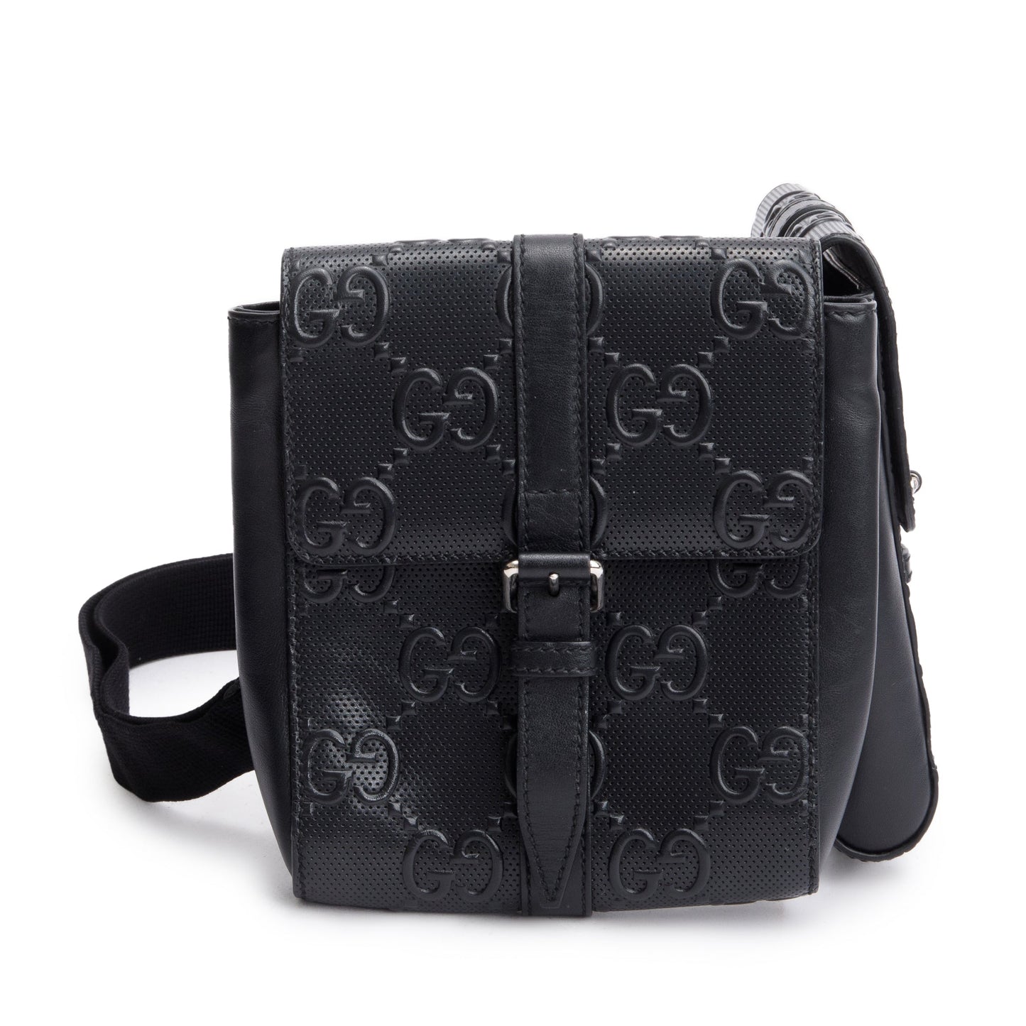 Gucci Black GG Embossed Perforated Leather Double Belt Bag