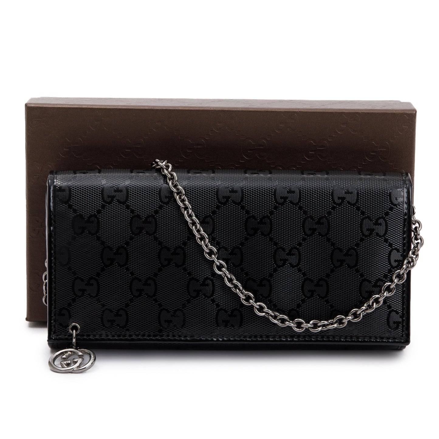 Gucci Black GG Imprime Monogram Pierced Wallet On Chain