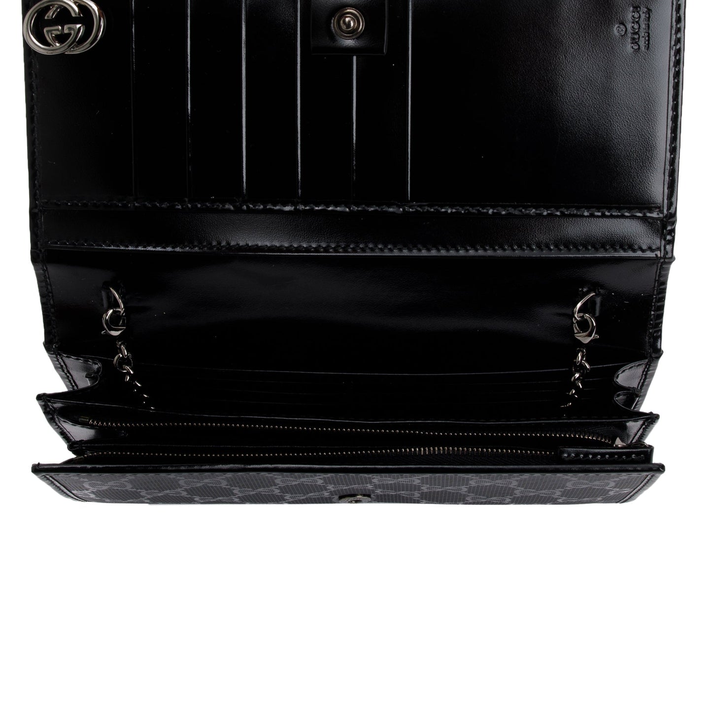 Gucci Black GG Imprime Monogram Pierced Wallet On Chain