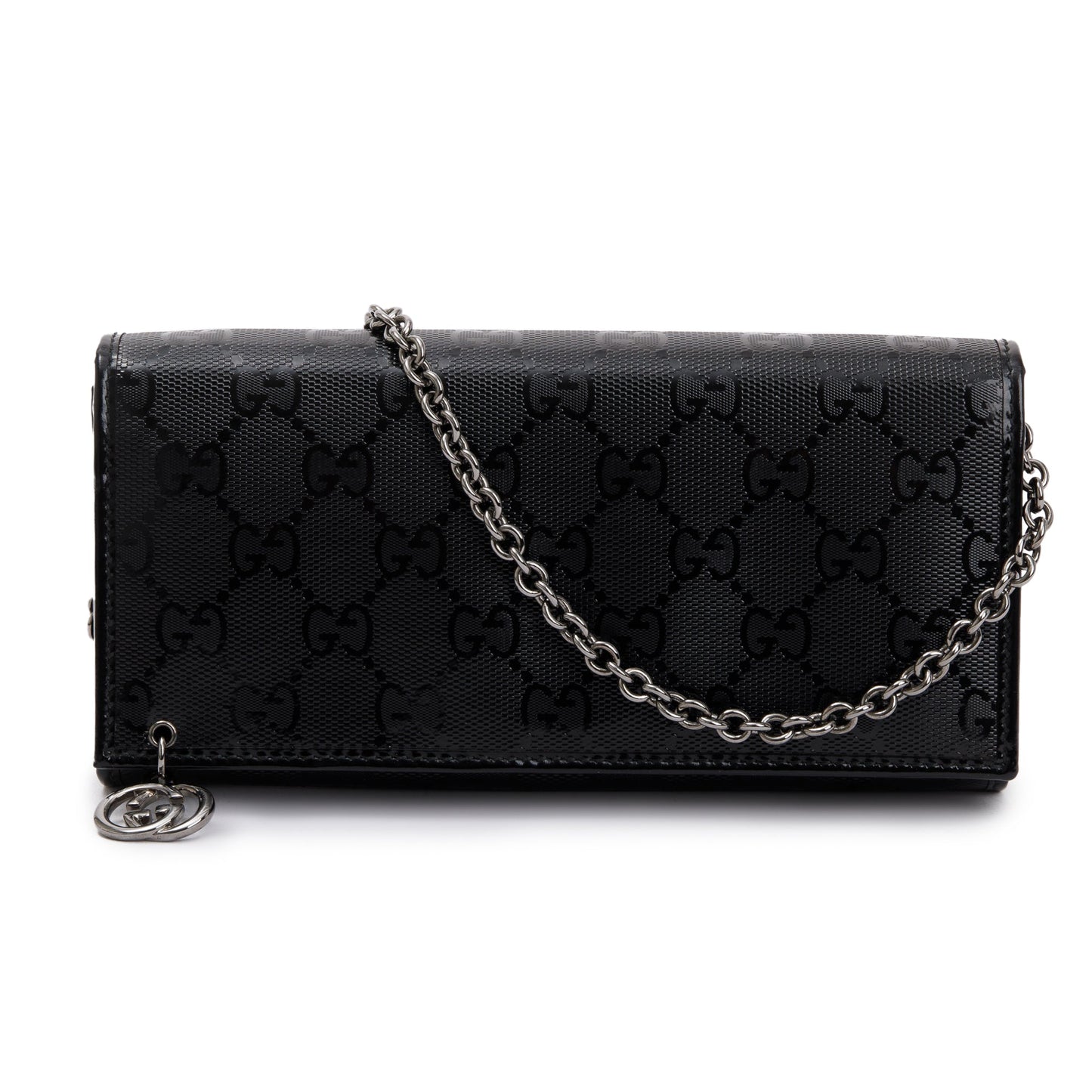 Gucci Black GG Imprime Monogram Pierced Wallet On Chain