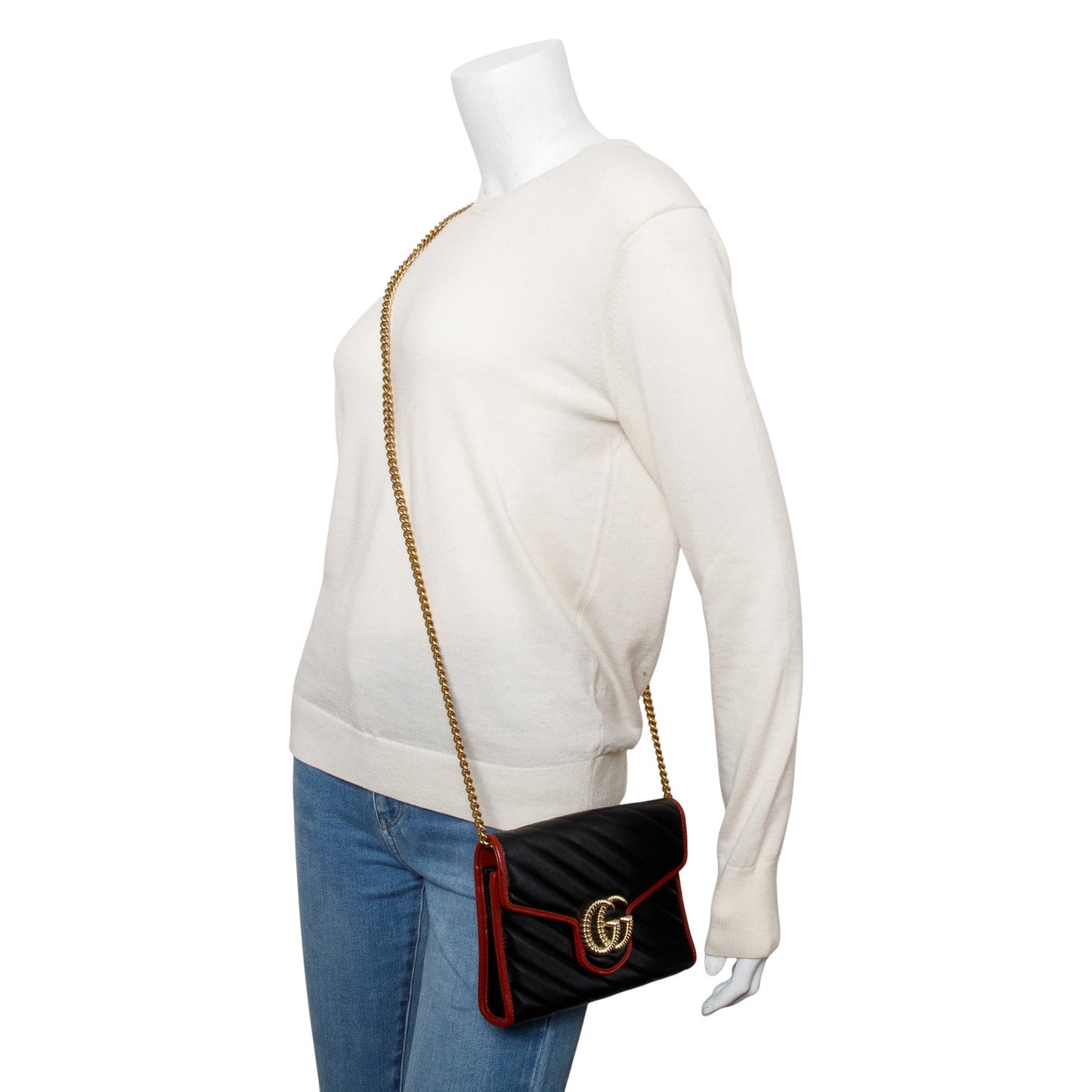Gucci Black GG Marmont Calfskin Diagonal Torchon Wallet on Chain