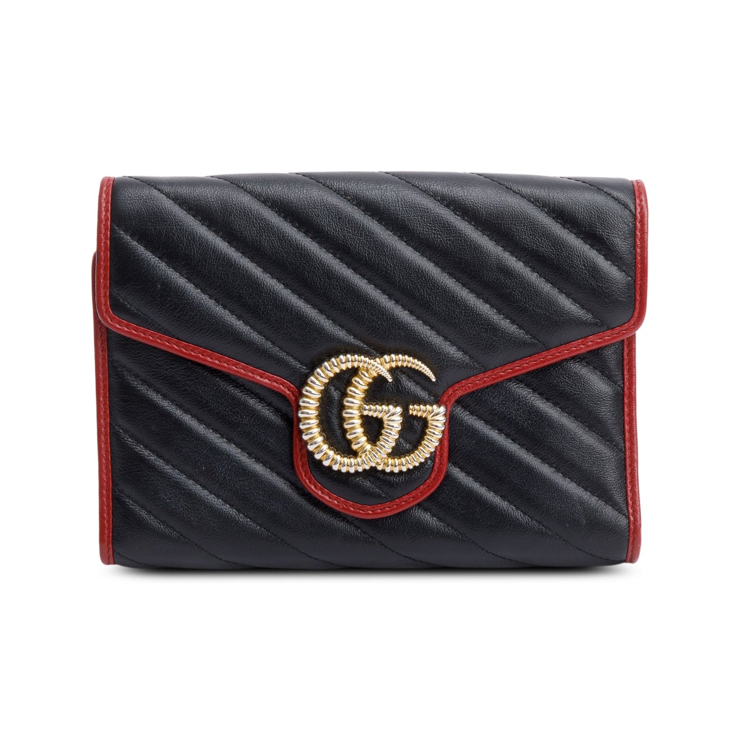 Gucci Black GG Marmont Calfskin Diagonal Torchon Wallet on Chain