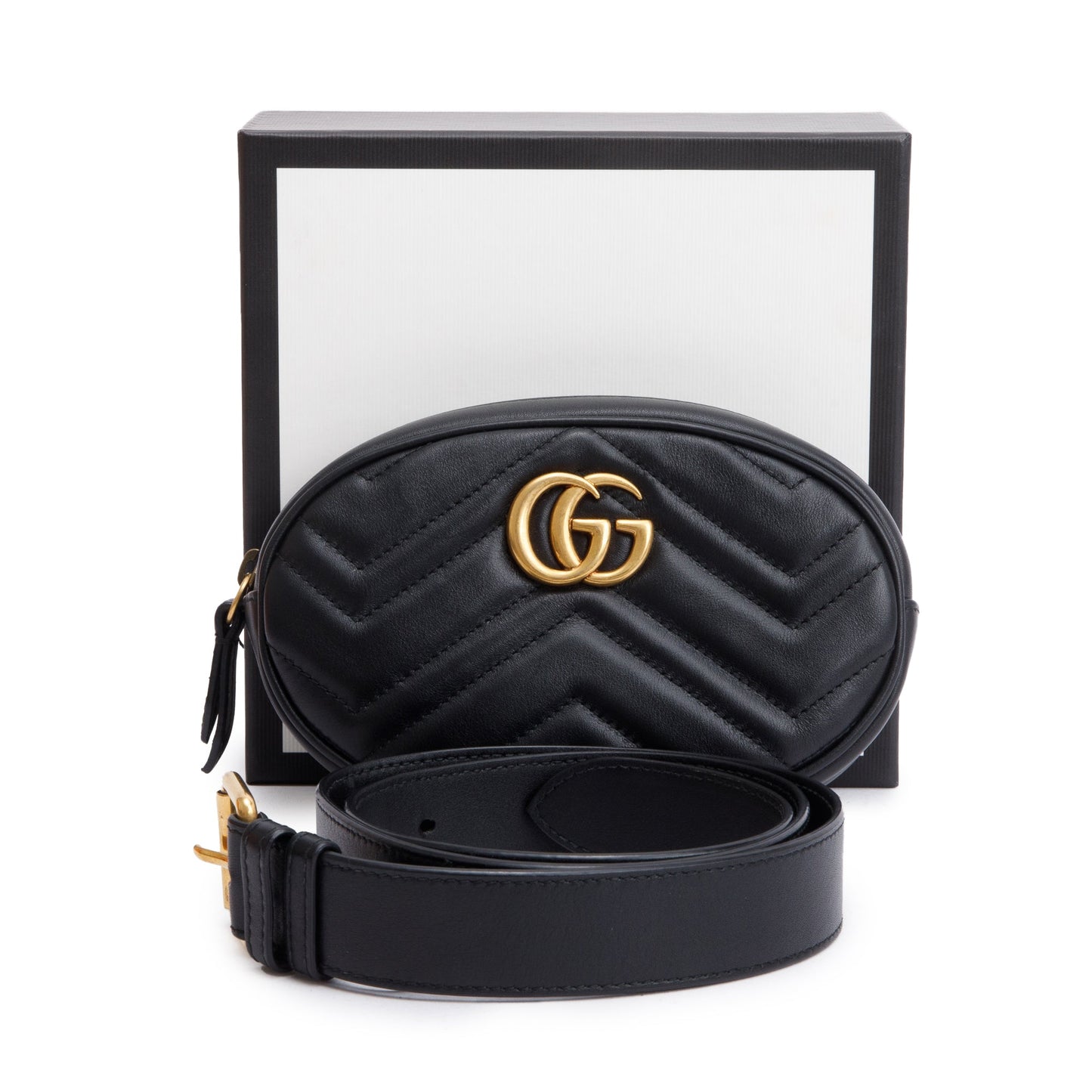 Gucci Black GG Marmont Matelasse Leather Belt Bag, Size 85 34