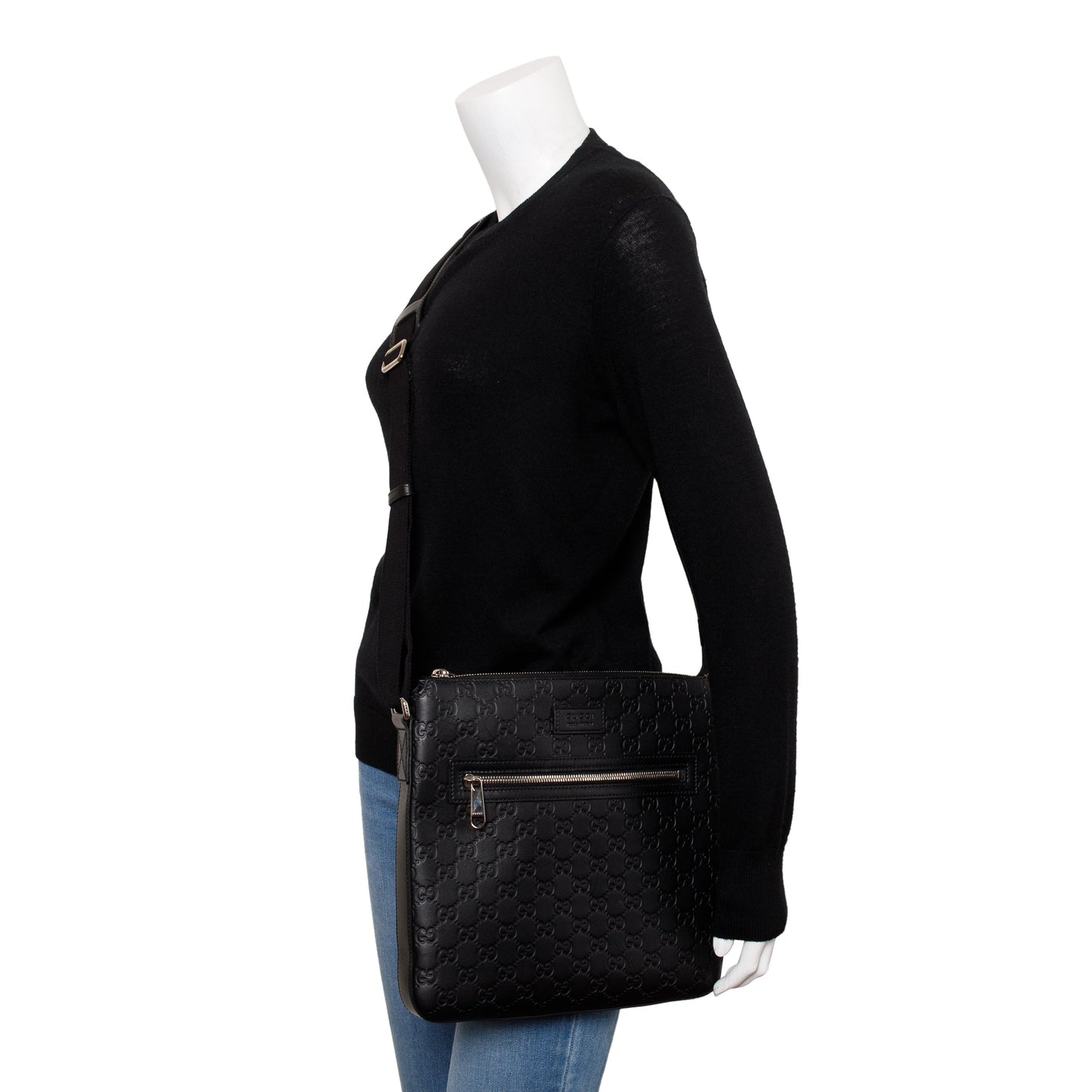 Gucci Black GG Signature Leather Medium Messenger Bag