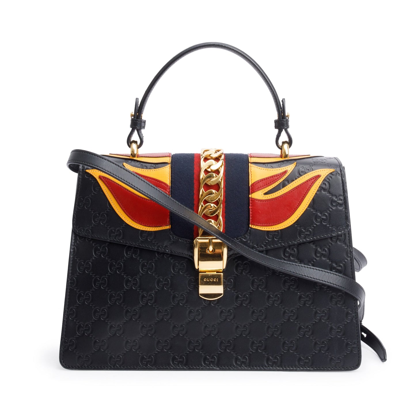 Gucci Black GG Signature Leather Medium Sylvie Handle Bag