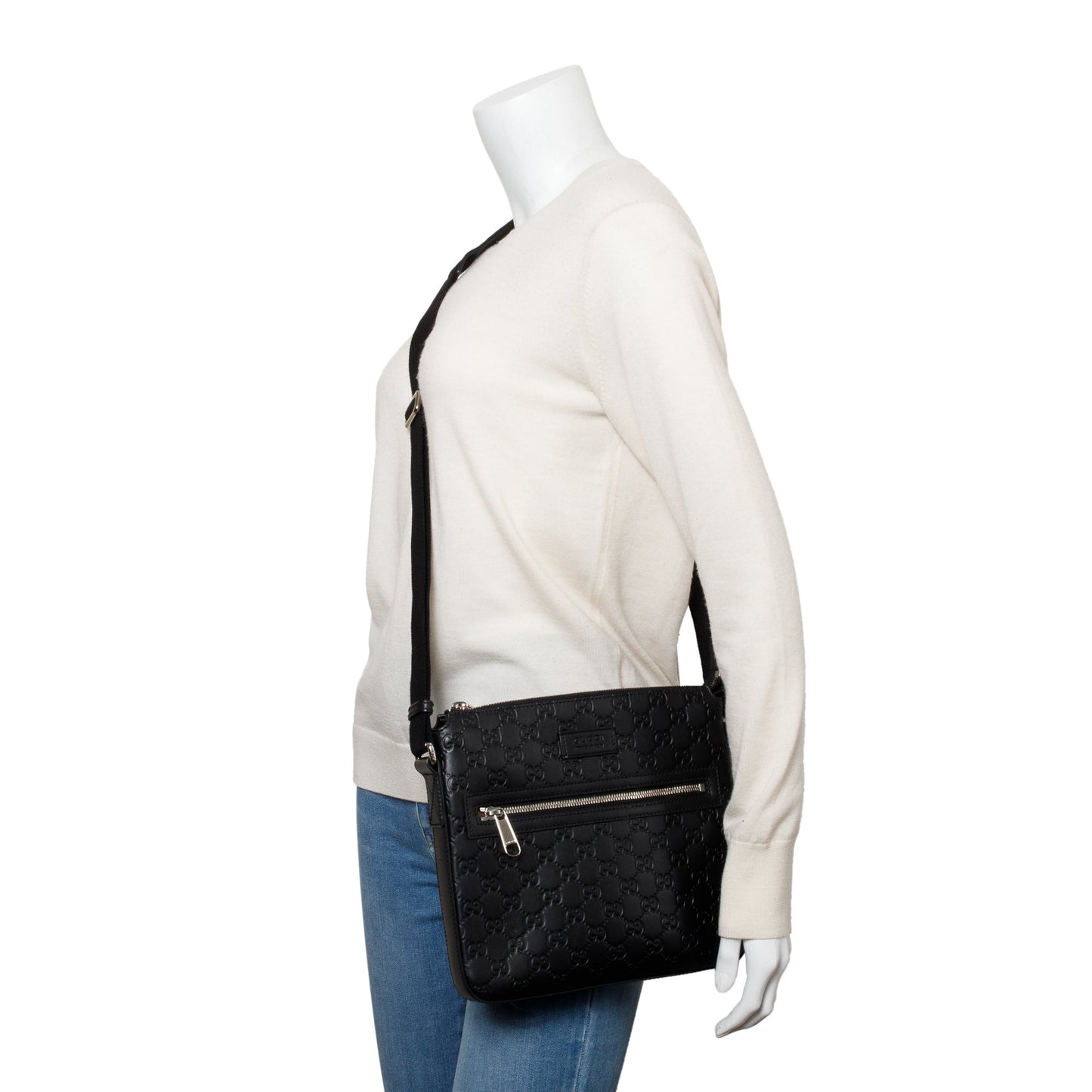 Gucci Black GG Signature Leather Small Messenger Bag
