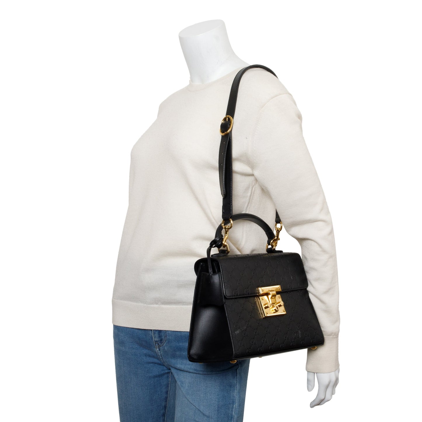 Gucci Black GG Signature Leather Small Padlock Top Bag