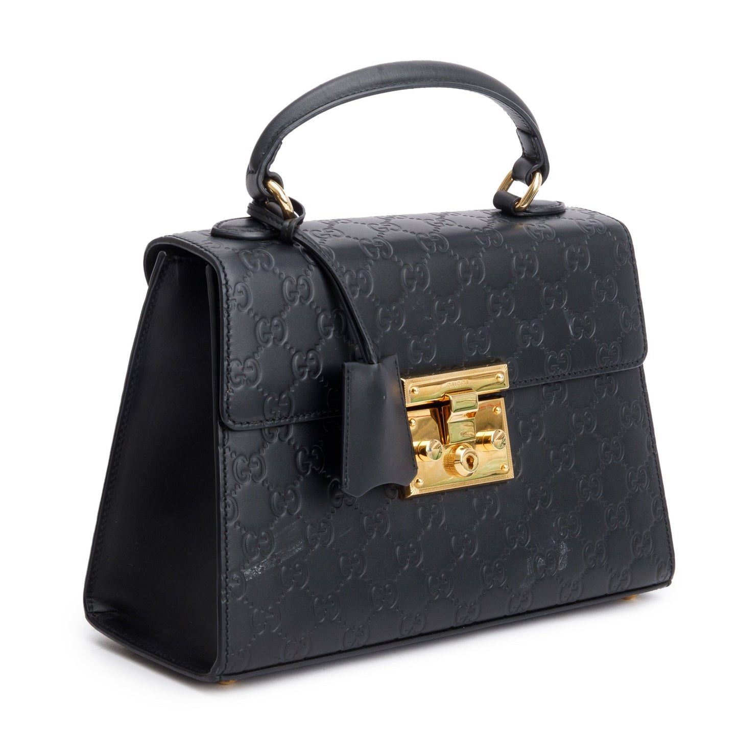 Gucci Black GG Signature Leather Small Padlock Top Bag