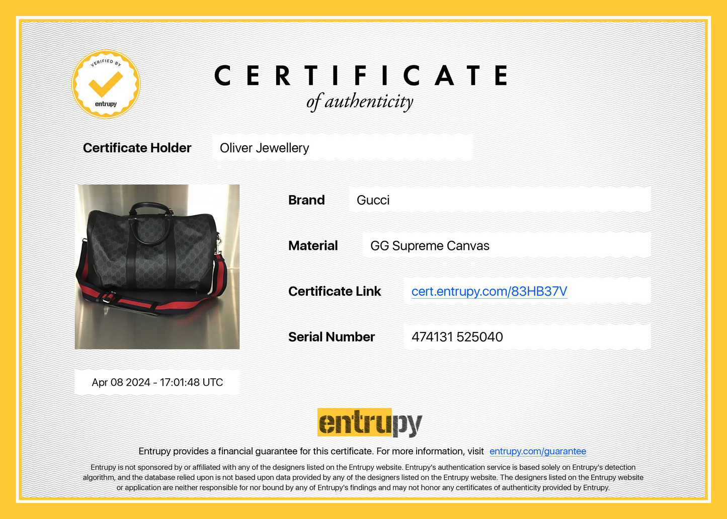 Gucci Black GG Supreme Canvas Carry-On Duffle Bag