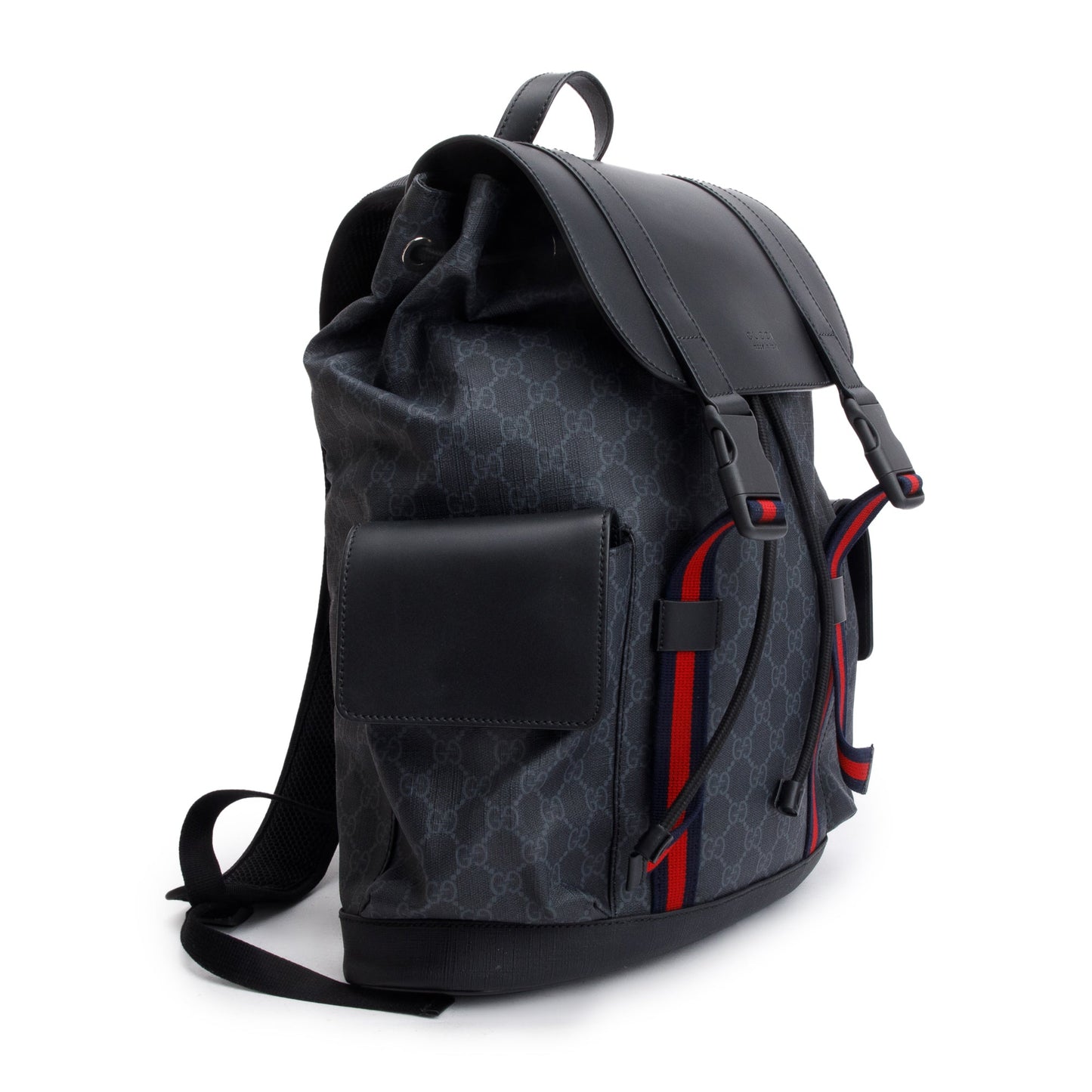 Gucci Black GG Supreme Double Buckle Backpack