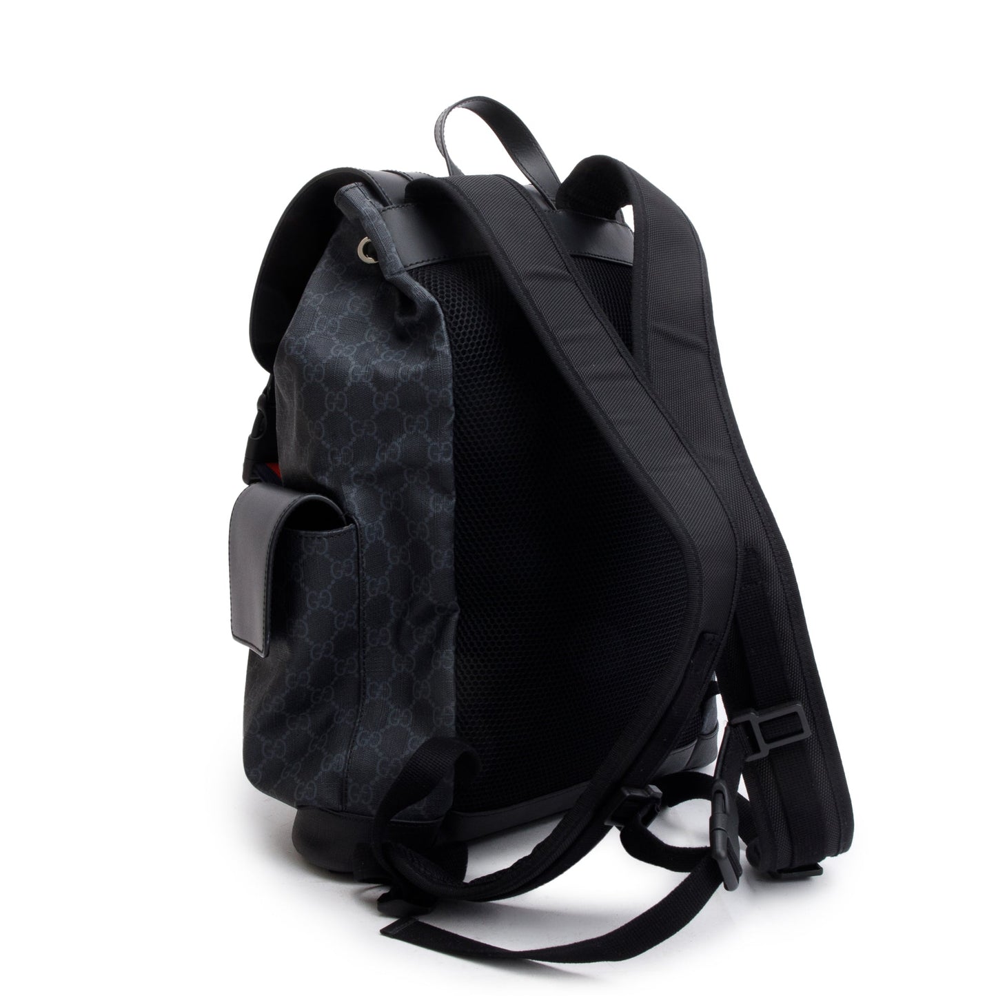 Gucci Black GG Supreme Double Buckle Backpack